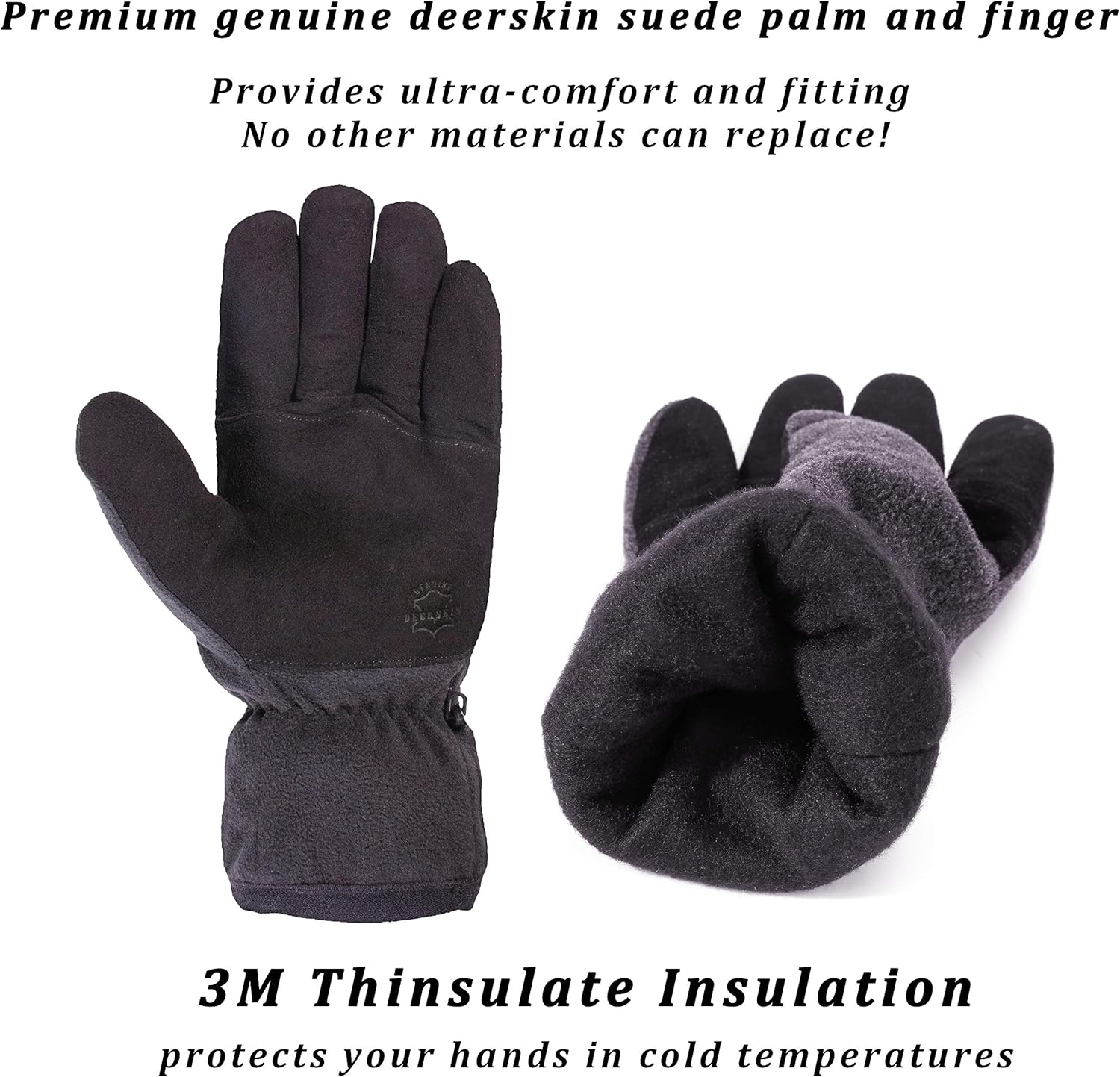 SKYDEER Winter Gloves with Premium Genuine Deerskin Suede Leather and Windproof Polar Fleece (SD8661T/L): Home Improvement