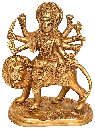 Exotic India Eight-Armed Goddess Durga Seated on Lion - Brass Statue