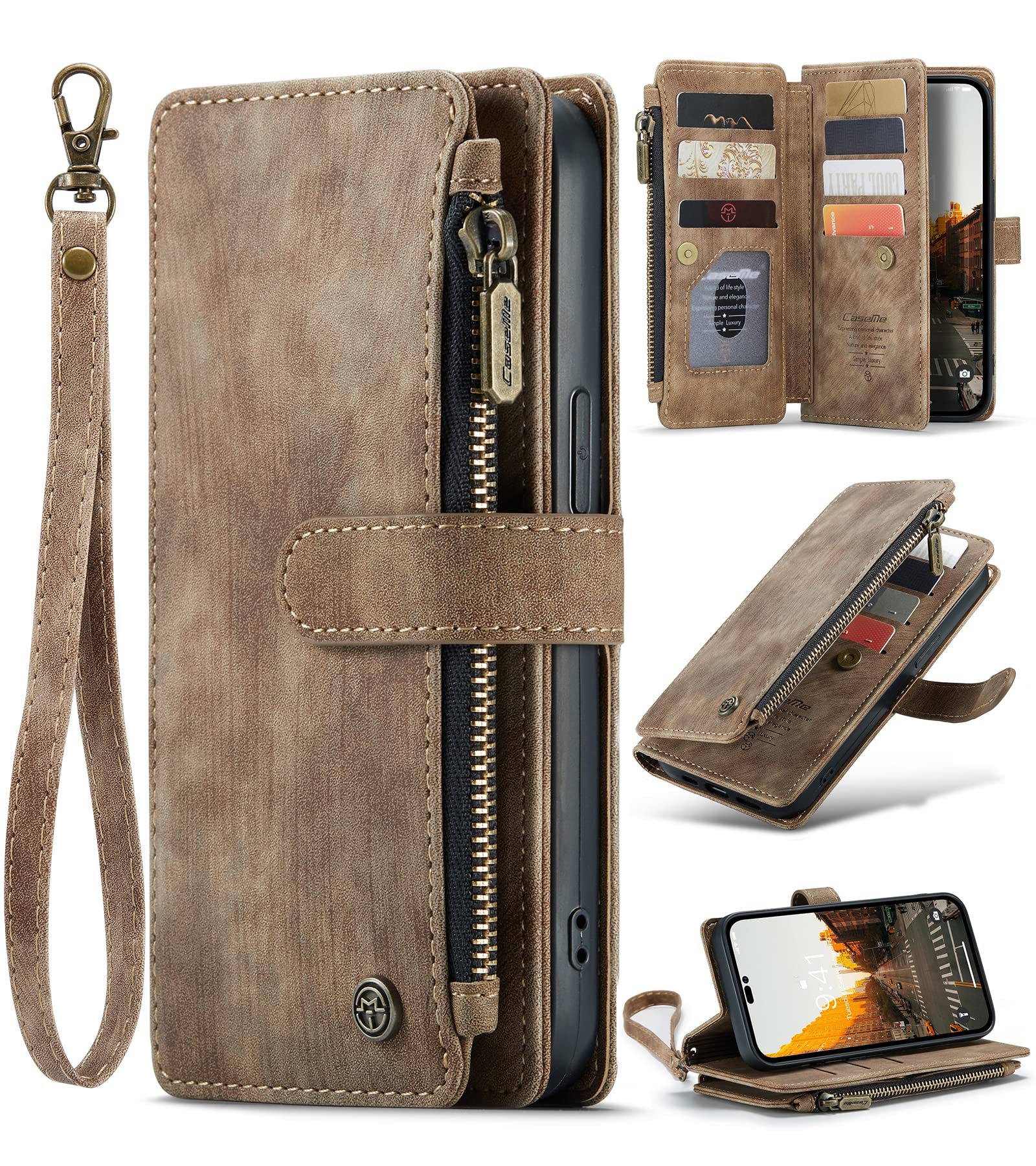 SeNool Case Compatible with iPhone 14 Pro Max, Premium Leather Wallet Case with [Credit Card Holder Slot] [Kickstand Flip] [Magnetic Closure] Protective Cover Compatible with iPhone 14 Pro Max - Brown