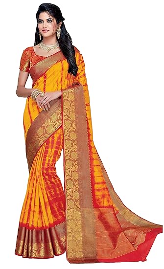 Womens Raw Silk Saree (Yellow and Red)