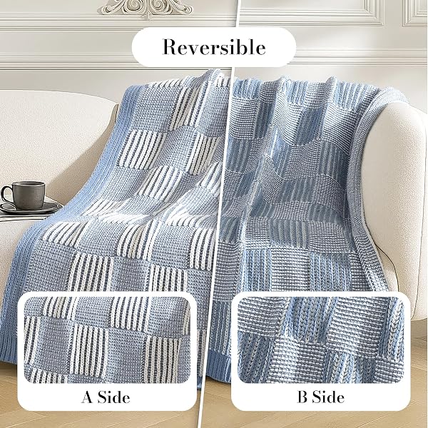 AMÉLIE HOME KNIT THROW BLANKET, SOFT CHENILLE COZY BREATHABLE DUAL TONE CHECKERED CHUNKY DECORATIVE BLANKET FOR COUCH, BED & SOFA, FRENCH LIGHTWEIGHT WARM GIFT FOR WOMEN, WASHED BLUE, 60″X80″