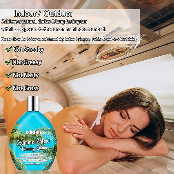 ISLETAN SUMMER GLOW TANNING LOTION ACCELERATOR FOR INDOOR TANNING BEDS & OUTDOOR SUN WITH BRONZER TO GET DARK FAST TAN，SUN BED TANNING LOTION DARK WITH TATTOO PROTECTING FORMULA, DHA FREE, 13.5OZ