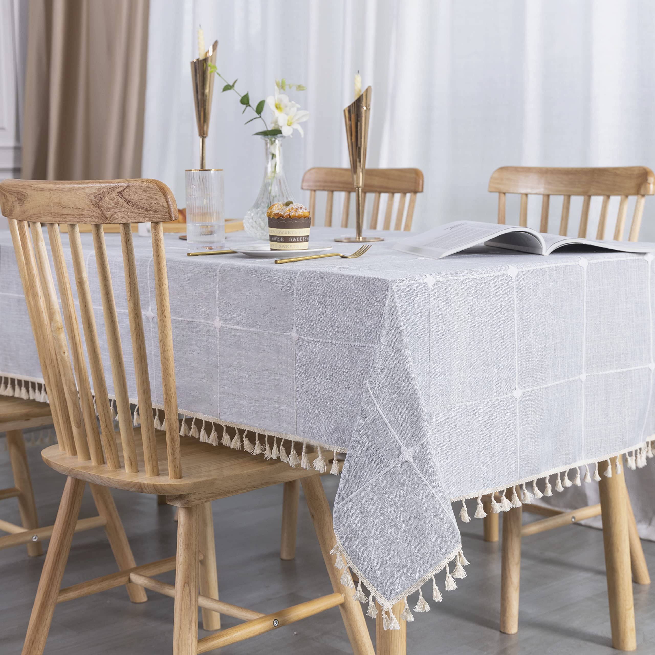 SUNBEAUTY Grey Table Cloths Rectangular 140x220 Checked Tablecloth Cotton Linen Wipe Clean Tablecloth with Tassel Fringe for Kitchen Dining Table Decorations - 55 x 86 inch