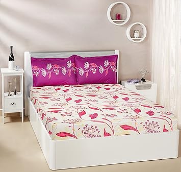 Amazon Brand - Solimo Lily Bloom 144 TC 100% Cotton Double Bedsheet with 2 Pillow Covers, Pink