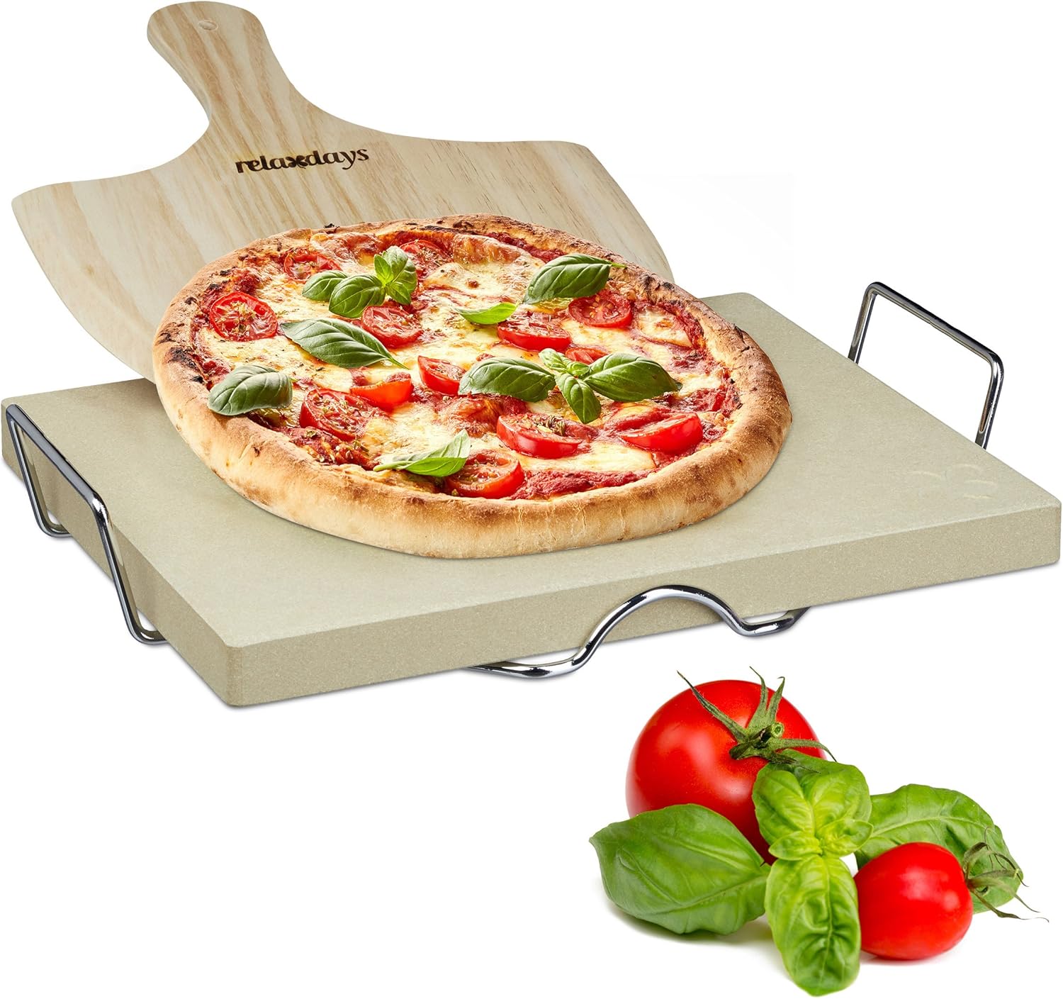Relaxdays Pizza Stone Set 3 cm Thick w/ Metal Holder and Wooden Pizza