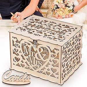 GLM Wedding Card Box with Lock Holds up to 300 Cards DIY Card Sign Hollow Wooden Gift Card Box Money Box Holder for Wedding Reception Anniversary Shower Rustic Wedding Decorations Birthday Graduation