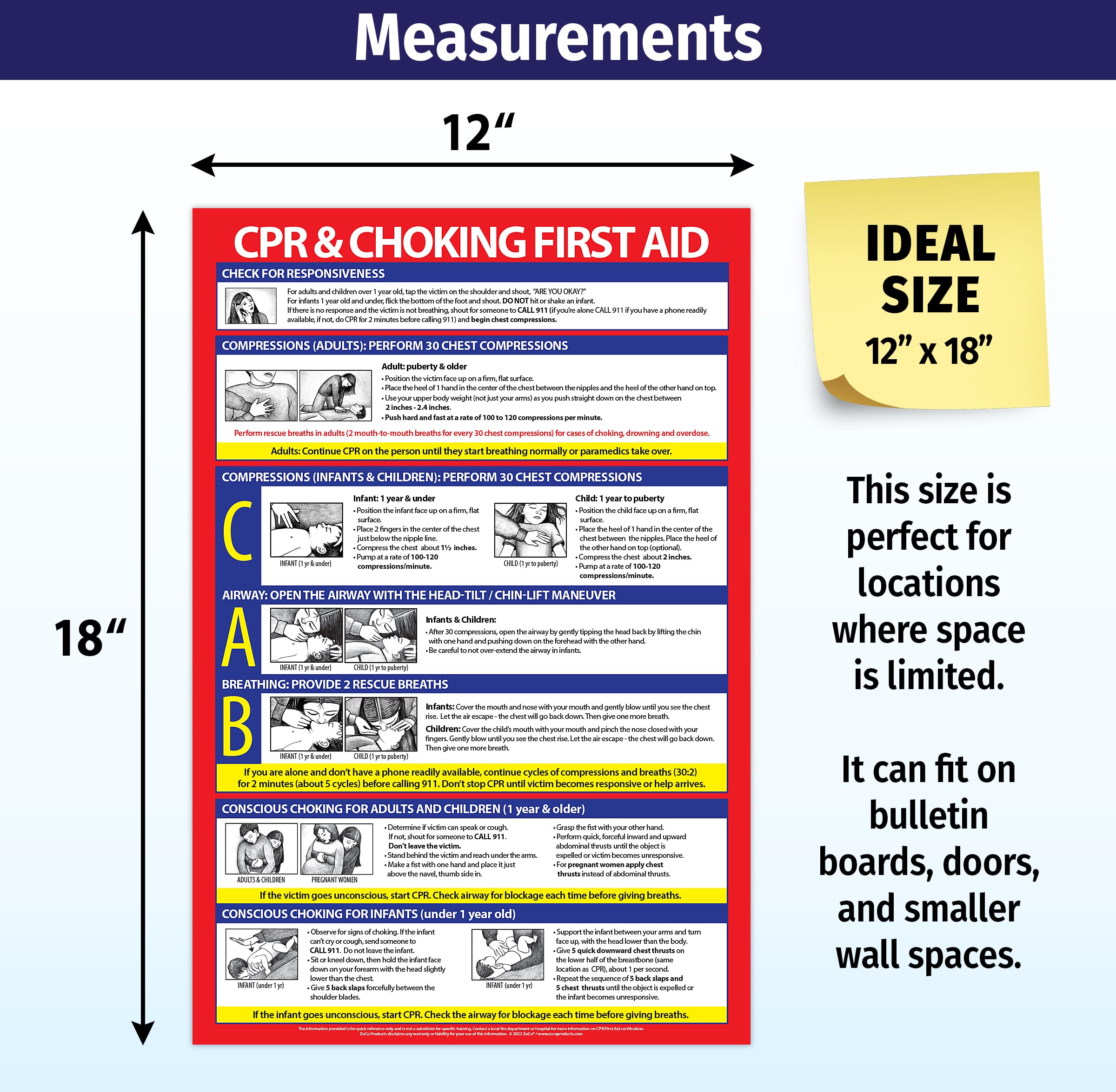 CPR and Choking Poster - Laminated, 12 x 18 Inches - Heimlich Maneuver and First Aid Safety Sign for Restaurants, School Nurse, Workplace
