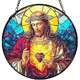 XFCICRLJ Easter Sacred Heart of Jesus Christian Gigts Suncatcher Stained Glass Window Hanging, Religious Sun Catchers Indoor Window Glass Wall Art Decor, Christian Wall Hanging Decor, 7.9x7.9 Inch