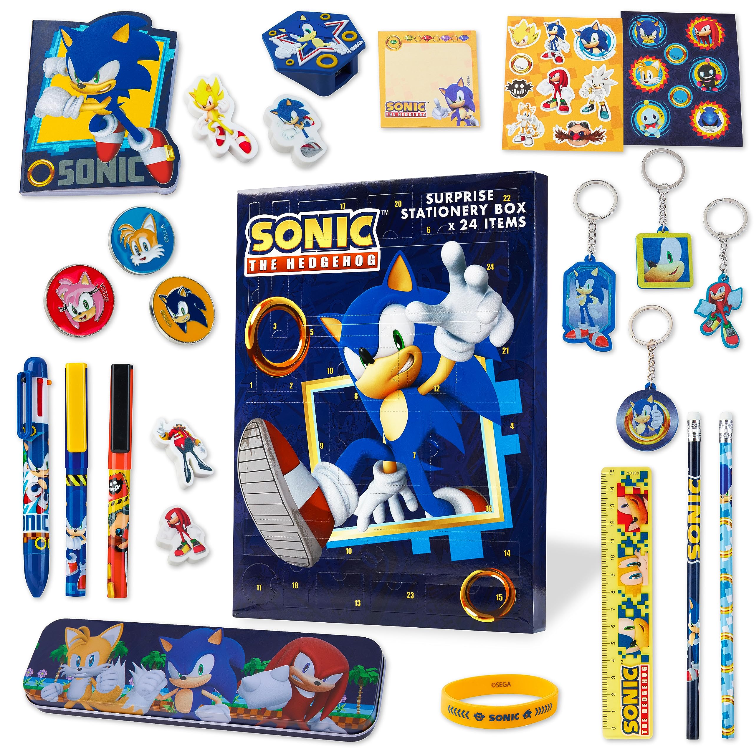 Sonic The Hedgehog Advent Calendar 2025 Stationery and Accessories Shadow Gamer Christmas Countdown Calendar with Keyring Pens Stickers Badges