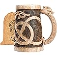 NORSE EMPIRE Premium Wooden Beer Mug 20Oz Urnes Style 100% Handcrafted Beer Stein Wine accessories Viking Gifts Medieval Gift Sack Tankard Christmas Coffee Cups Vikings Mug Food Safe