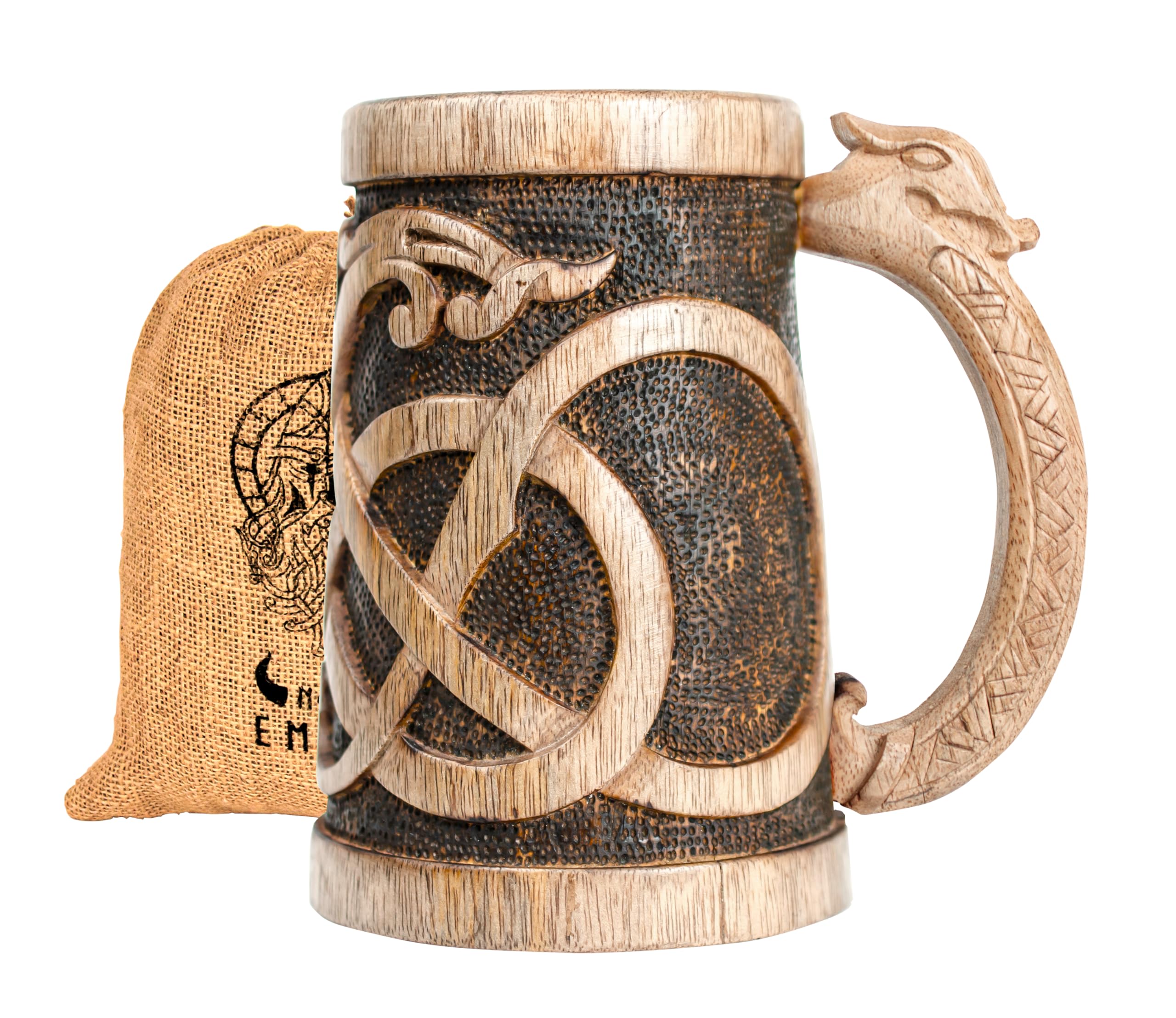 Photo 1 of *****DAMAGED - SEE NOTES/PICTURES***NORSE EMPIRE Premium Wooden Beer Mug 20Oz Urnes Style 100% Handcrafted Beer Stein Wine accessories Viking Gifts Medieval Gift Sack Tankard Christmas Coffee Cups Vikings Mug Food Safe
