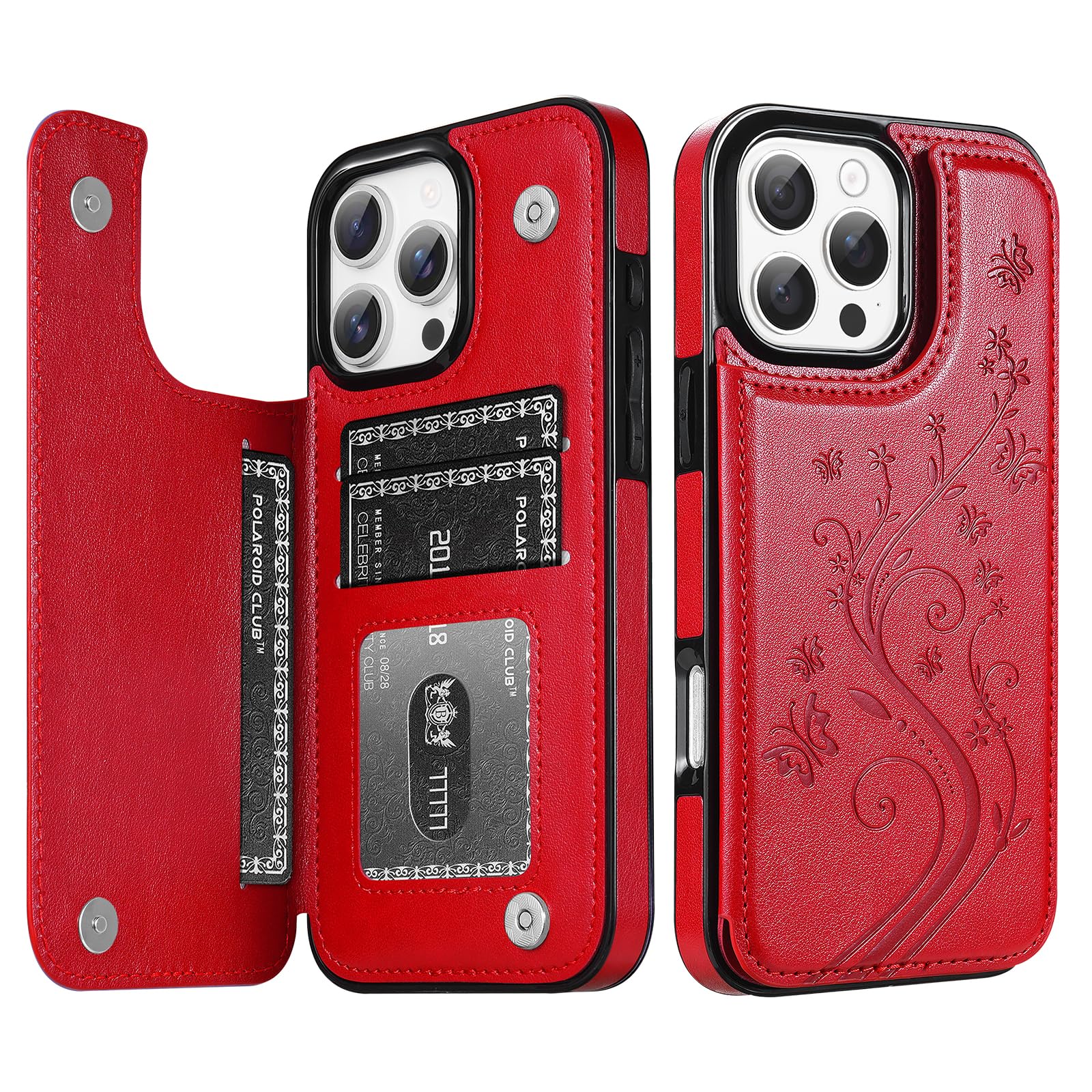 Korecase for iPhone 16 Pro Wallet Case with Cards Holder(Credit Card, ID, Drive License, Cash, Bills) Case Friendly Protective Phone Case Purse for Women Girls Gifts Traveling Running Red