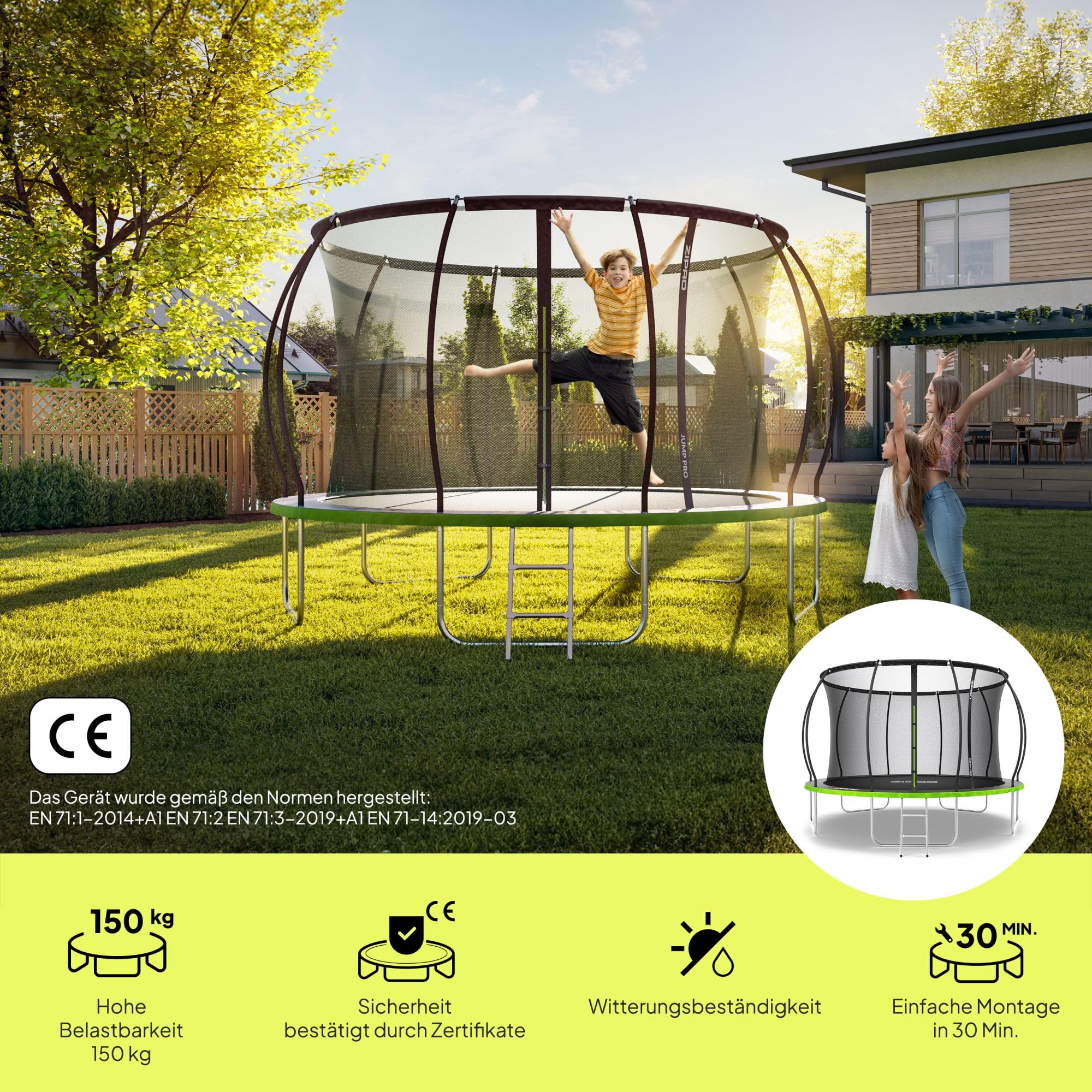 ZIPRO 12'' Jump Pro Premium Trampolin Outdoor, Ø 374cm, rundes Gartentrampolin mit Sicherheitsnetz, Bodentrampolin bis 150kg, Gartenspielzeug Kinder draußen, UV-beständig, mit Reißverschluss 2