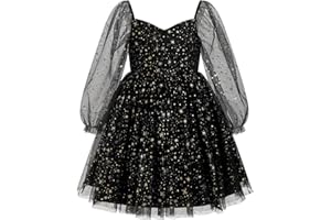 OBEEII Girls Birthday Party Long Sleeve Star Glitters Tulle Tutu Dress Sequins Bowknot Princess Pageant Christmas Dress