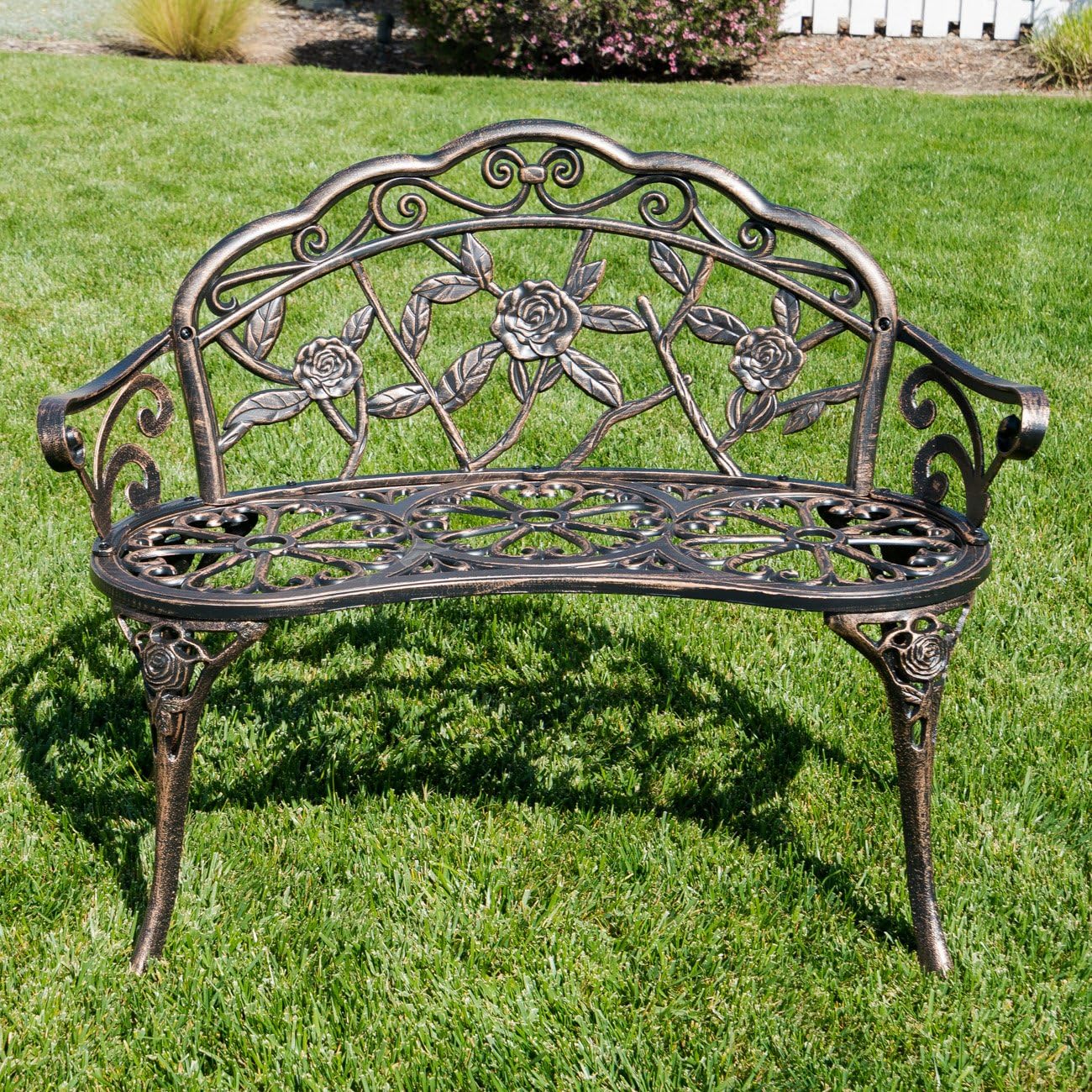 BELLEZE Antique Designed Rose Style Outdoor Patio Park Garden Bench Bronze Love Seat Cast Iron Backyard Porch Home Pool : Garden & Outdoor