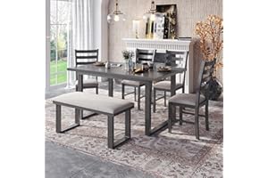 WIIS' IDEA 6-Piece Rectangular Dining Table Set for 6,Mid-Century Modern Wooden Table & Upholstered Chair Set for Home, Kitchen, Dining Room,4 Chairs, Bench Seat, Rubberwood Legs(Gray)