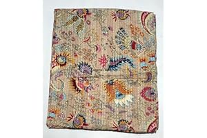 SAMBHAV QUILT HUB Twin/Queen/King Floral Multicolor Handmade Crown Mukut Print Kantha Quilt Kantha Blanket Bed Cover King Kantha Bedspread Bohemian Bedding Cotton Kantha (Beige, Twin 60X90 inch)