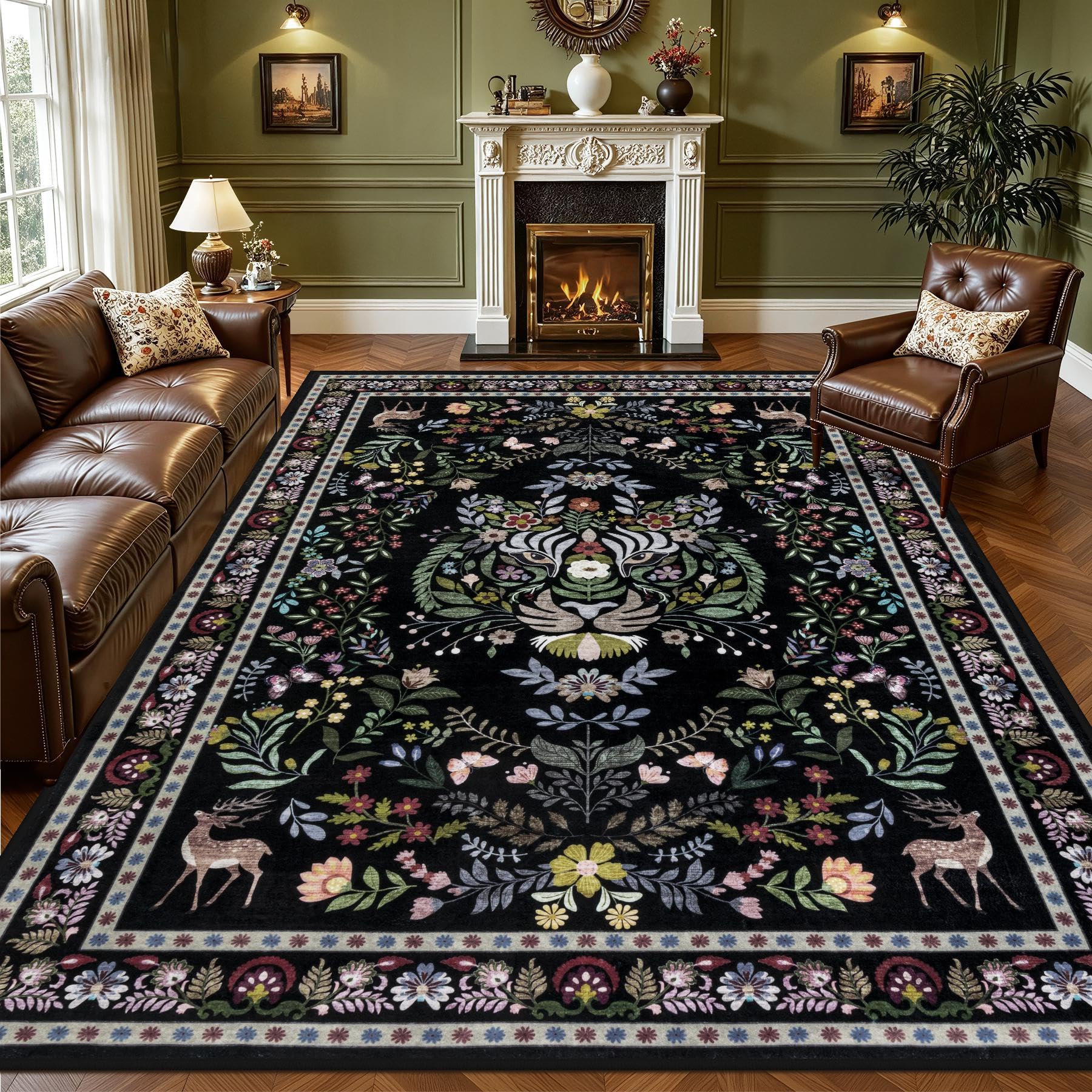Photo 1 of 8x10 Area Rugs Living Room Rug: Vintage Washable Rug Floral Soft Carpet Indoor Floor Non-Slip Boho Stain Resistant Large Carpets for Bedroom Kids Nursery Dining Room Farmhouse Home Office Black