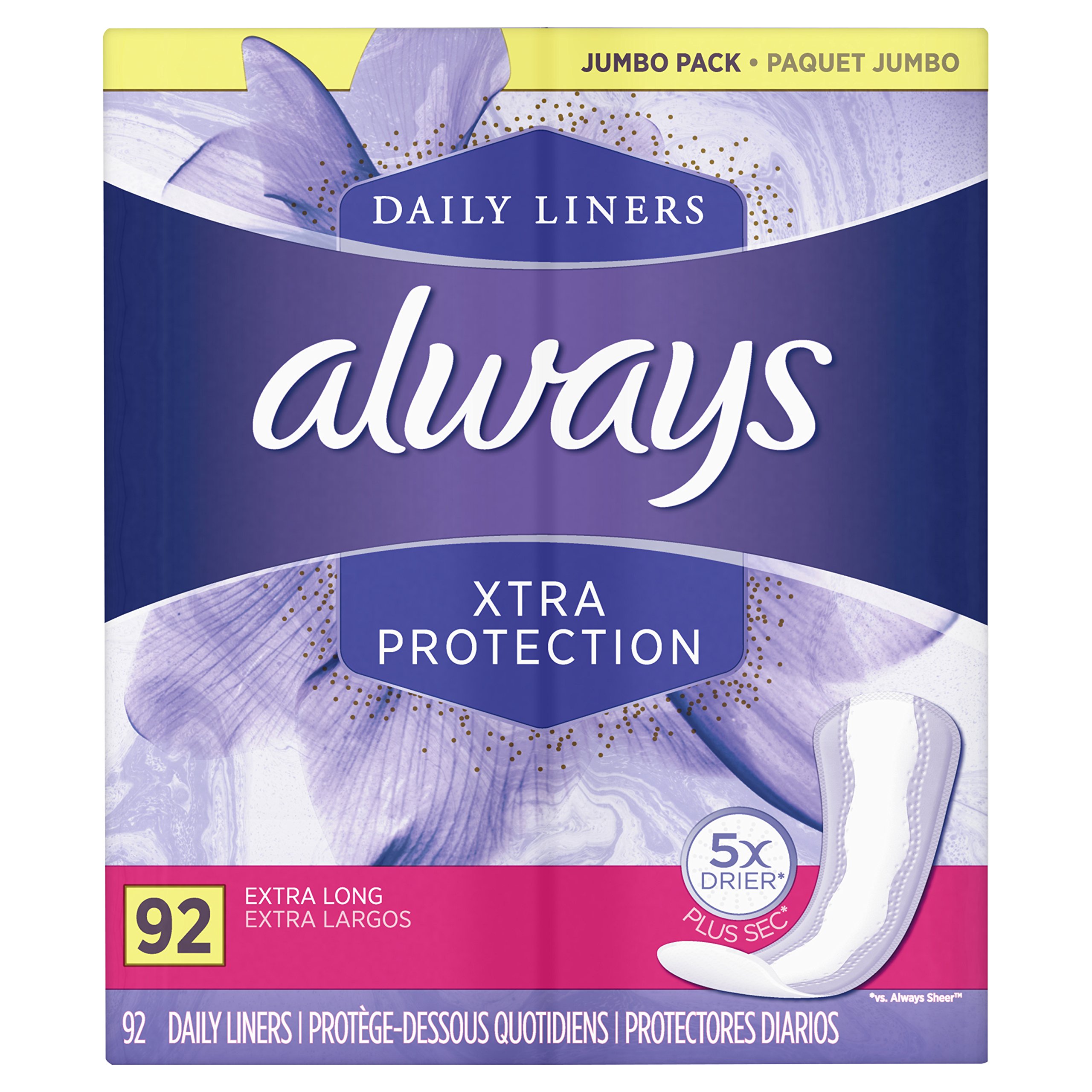 Always Xtra Protection Daily Feminine Panty Liners for Women, Regular, Unscented, 50 Count