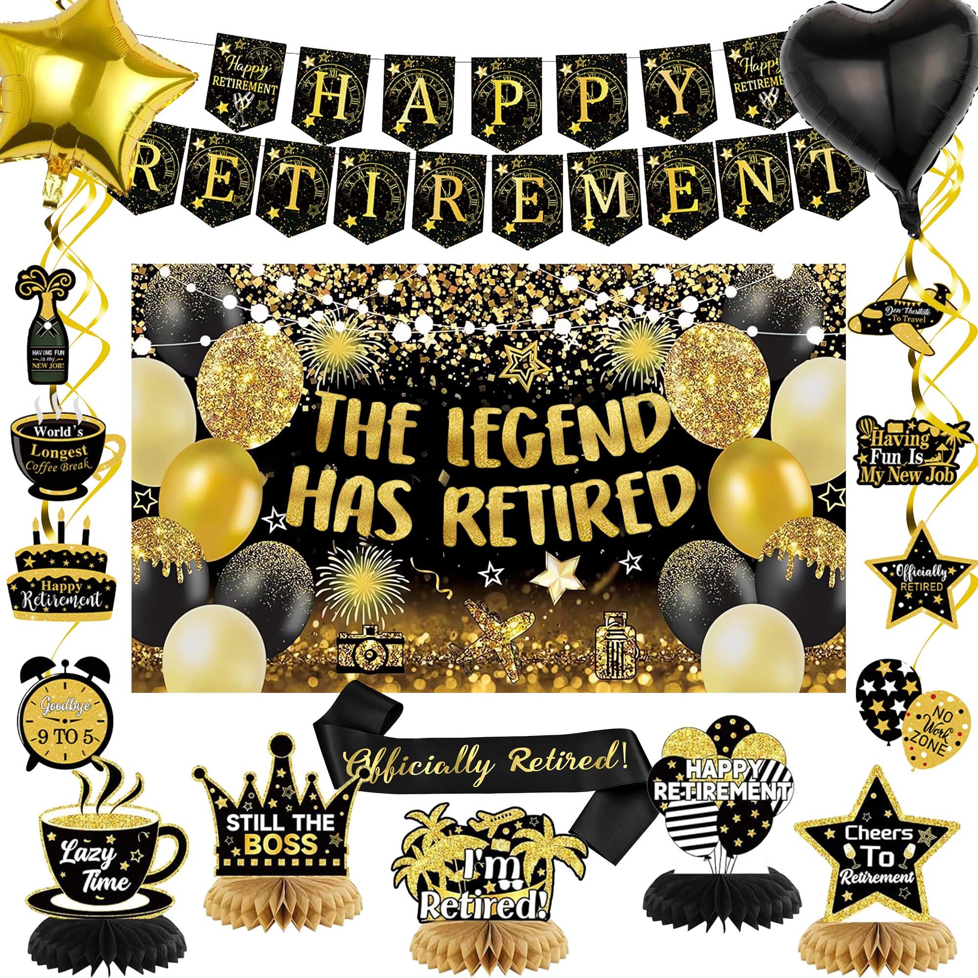18pcs Happy Retirement Party Backdrop Decorations Retirement Banner for Party Large Backdrop for The Legend Has Retired Supplies