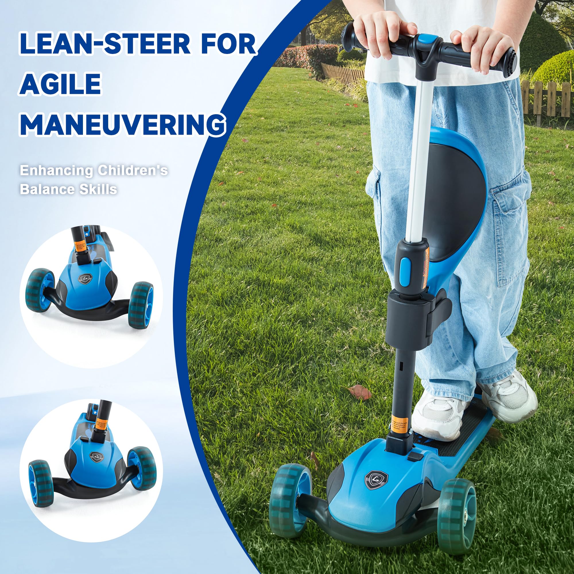 GLAMUP Kids Scooter, 2-in-1 Folding Kick Scooters, Adjustable Height, Safety Lock, 3 Wheel Kick Scooter for Boys and Girls Ages 3-14
