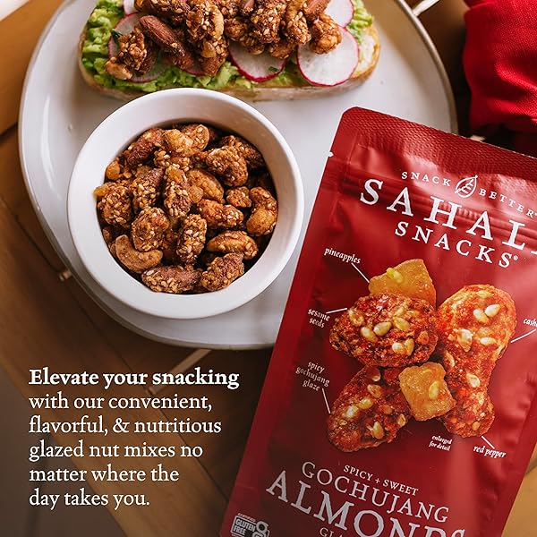 SAHALE SNACKS GOCHUJANG ALMONDS GLAZED MIX, 1.5 OZ BAGS (18 PACKS) – DRY-ROASTED DELUXE MIXED NUTS INSPIRED BY TRADITIONAL KOREAN BBQ – NON-GMO, KOSHER, & CERTIFIED GLUTEN-FREE SNACKS
