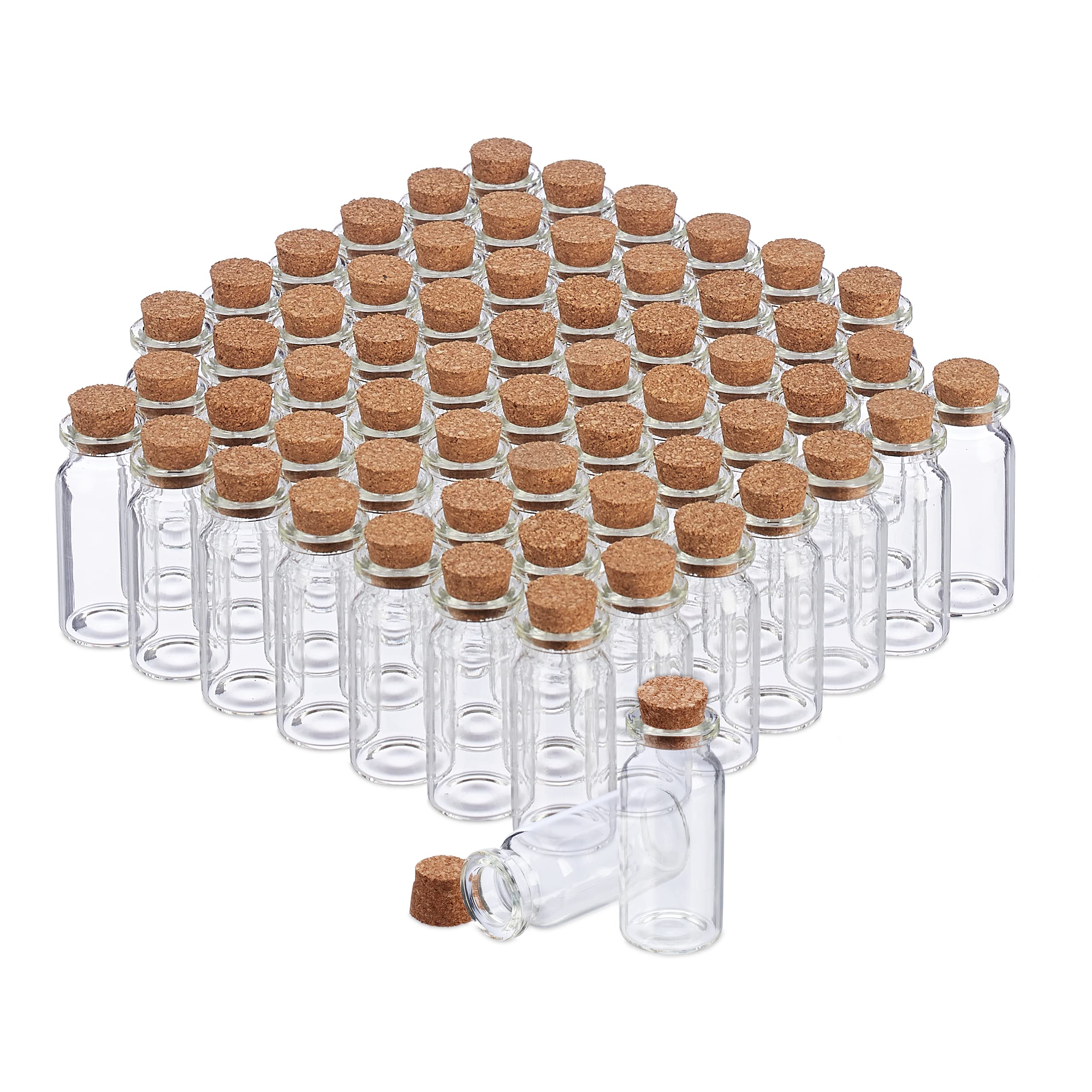 Relaxdays Mini Glass Bottles with Cork Stopper, 60 Pieces, Perfect for Oils, Spices, Sand, 10 ml, Deco, Transparent