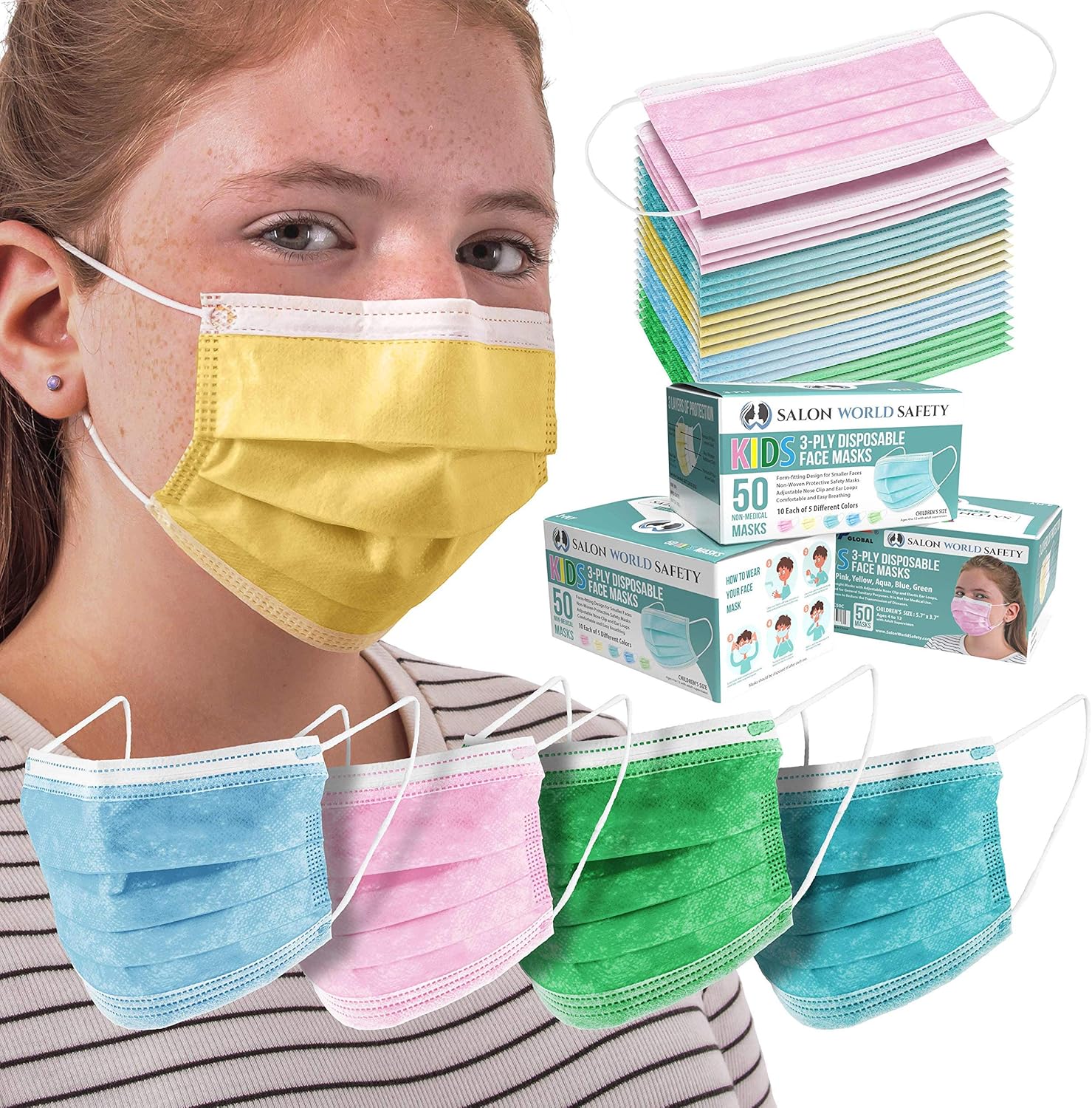 TCP Global Salon World Safety - Kids Face Masks 150 Pk 3-Ply Protective PPE (5 Colors, 30 Each) - - 
