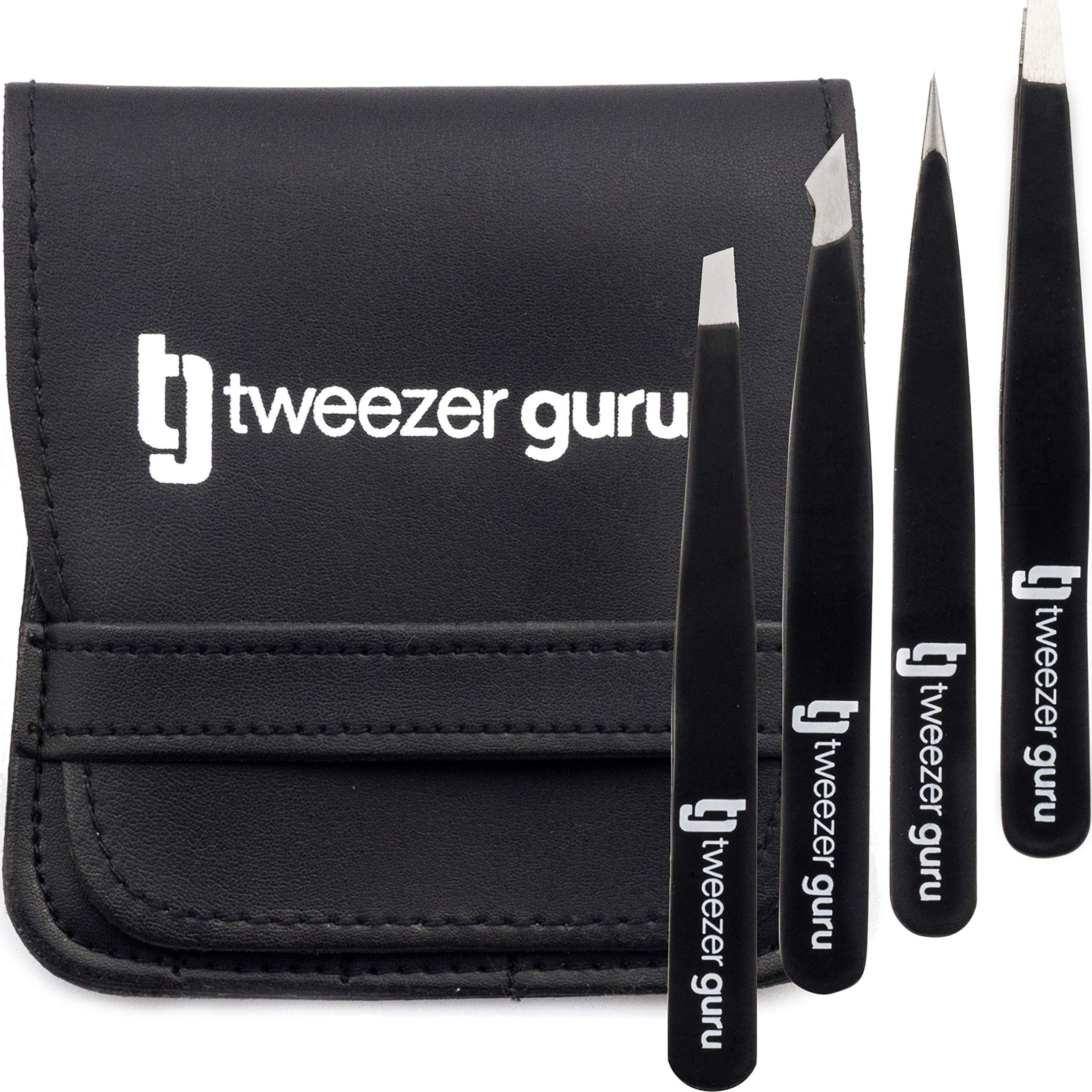 Tweezer Guru Eyebrow Tweezers – Professional, Stainless Steel, Slanted Ingrown Hair Tweezers - Precision Splinter, Blackhead, Tick and Facial Hair Remover for Women and Men (Black 4PCS)