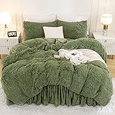 Andency Faux Fur Sage Green Comforter Set Queen Size, 3 Pieces Fluffy Fuzzy Plush Bedding Comforter Set (1 Shaggy Velvet Comforter & 2 Pillowcases), Soft Puffy Comfy Down Comforter Bedding Set