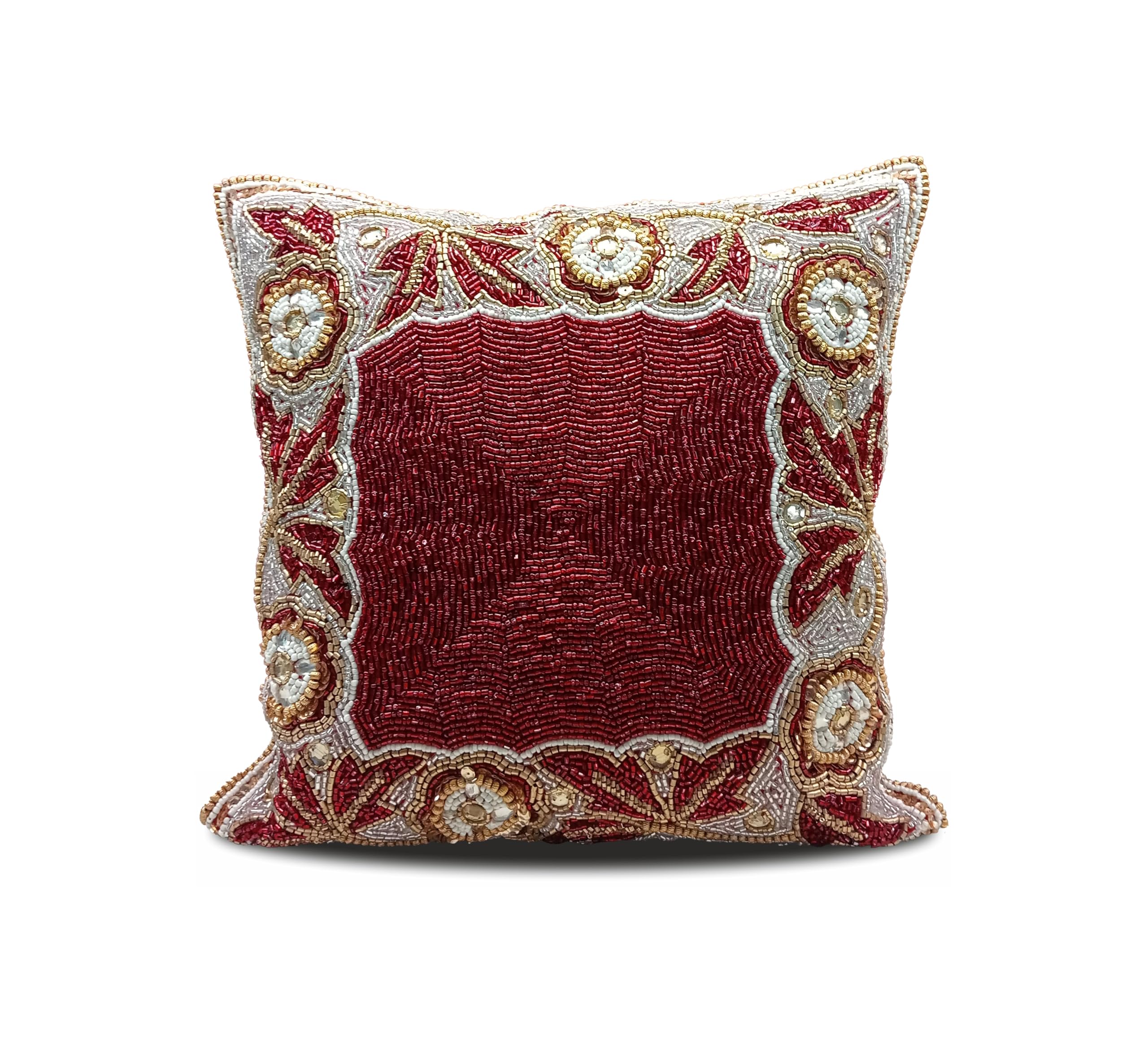 Linen Clubs Beaded Throw Pillow Cover/Euro Sham/Cushion Sham, Super Luxury Soft Pillow Cases-square design 14x14 Red Gold Multi