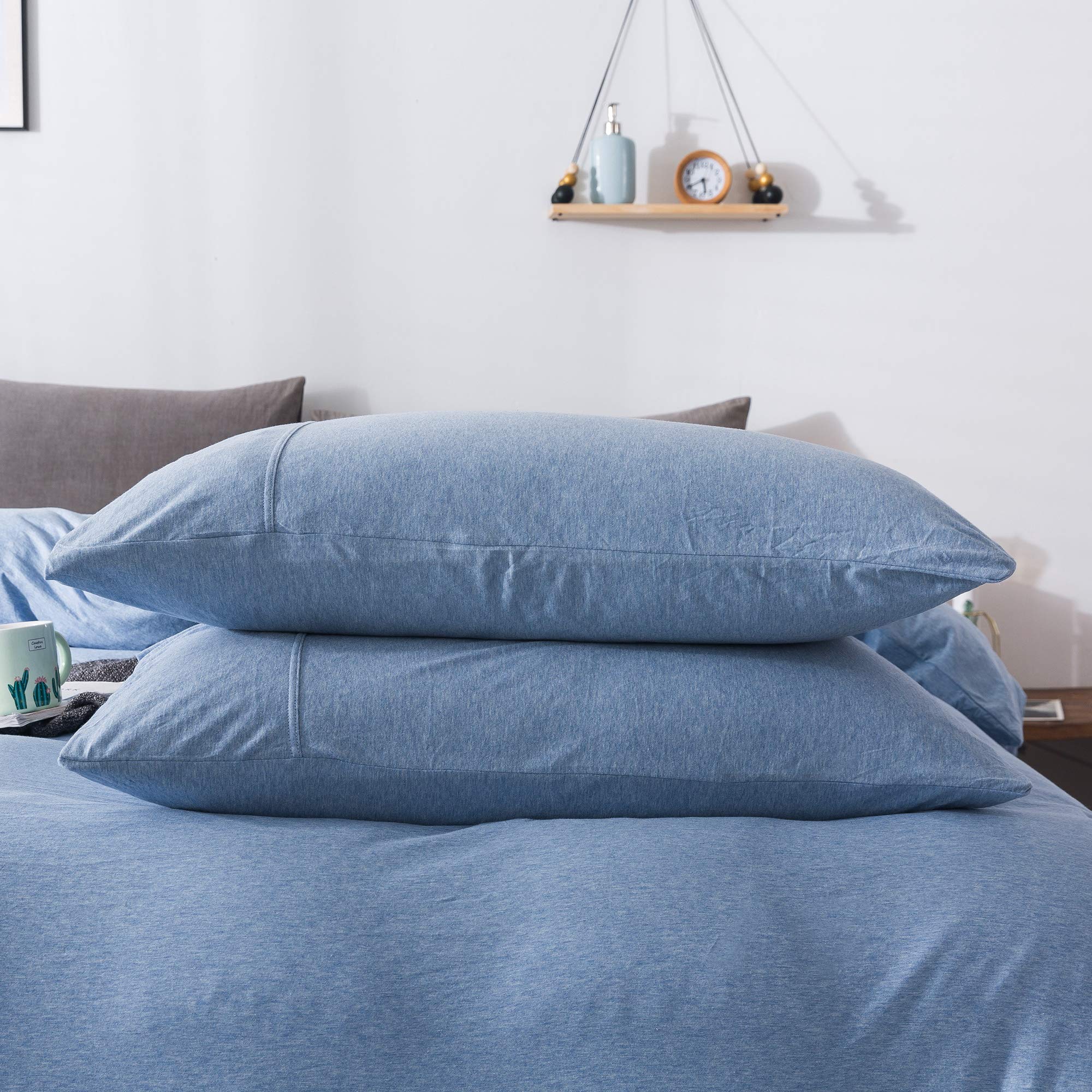 Household 100% Jersey Cotton Pillowcase 20”x36”-Light Weight, Comfortable, Extremely Durable Set of 2 (Beige Blue, King Size Pillowcase)