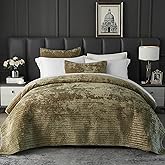 weigelia Velvet Quilt Queen Size Luxurious Velvet Coverlet Olive Green Bedding Set Striped Bedspread with 2 Matching Pillowcases, for All Season