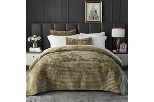 weigelia Velvet Quilt King Size Luxurious Coverlet Olive Green Bedding Set Striped Velvet Bedspread Set with 2 Matching Pillo