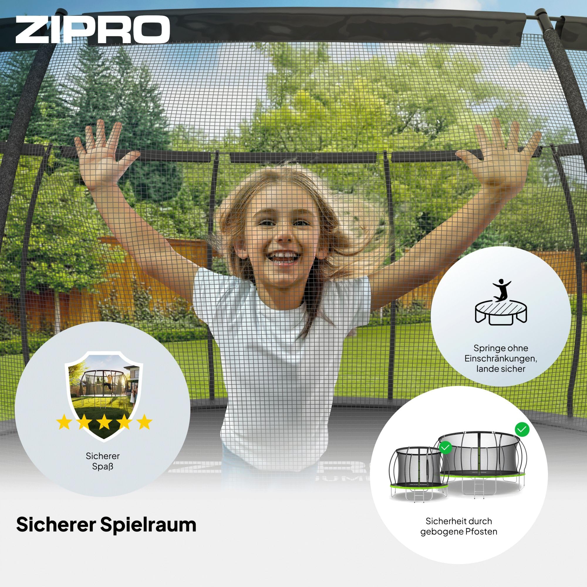 ZIPRO 12'' Jump Pro Premium Trampolin Outdoor, Ø 374cm, rundes Gartentrampolin mit Sicherheitsnetz, Bodentrampolin bis 150kg, Gartenspielzeug Kinder draußen, UV-beständig, mit Reißverschluss 4