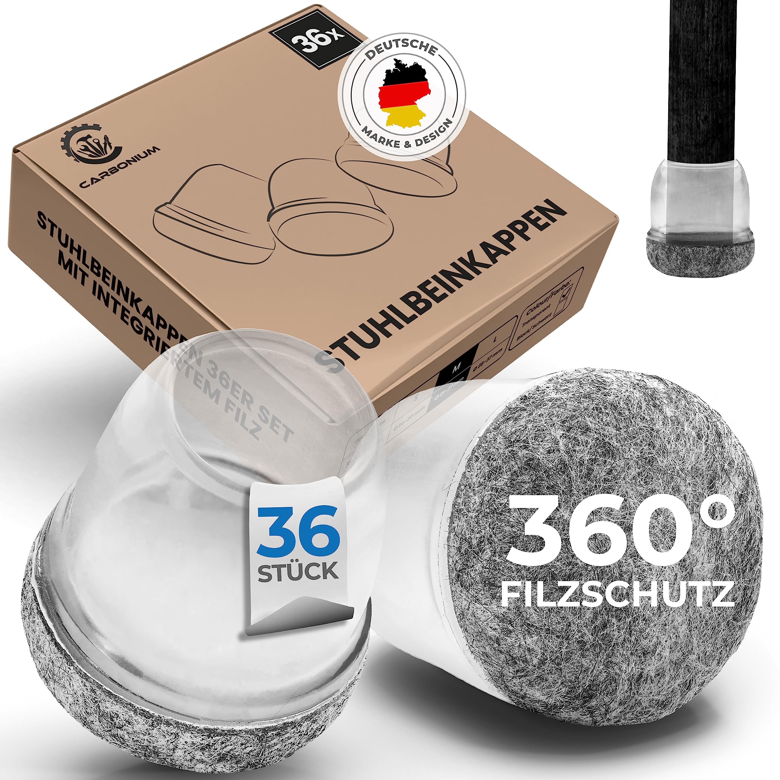 36 Chair Leg Caps Transparent with Grey Felt – Also Ideal for Slanted Chair Legs – Durable Chair Leg Protectors for Chairs [Round] – Premium Felt Gliders for Chairs, Sofa, Table with 21-27 mm Diameter
