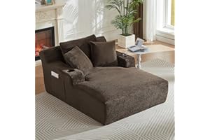 IHDKO Oversized Chaise Lounge Chair Indoor with Cup Holders, Modern Faux Fur Lounge Couch, Comfy Upholstered Sleeper Sofa with Magazine Bag, Fluffy Reading Chair Bed for Living Room, Brown