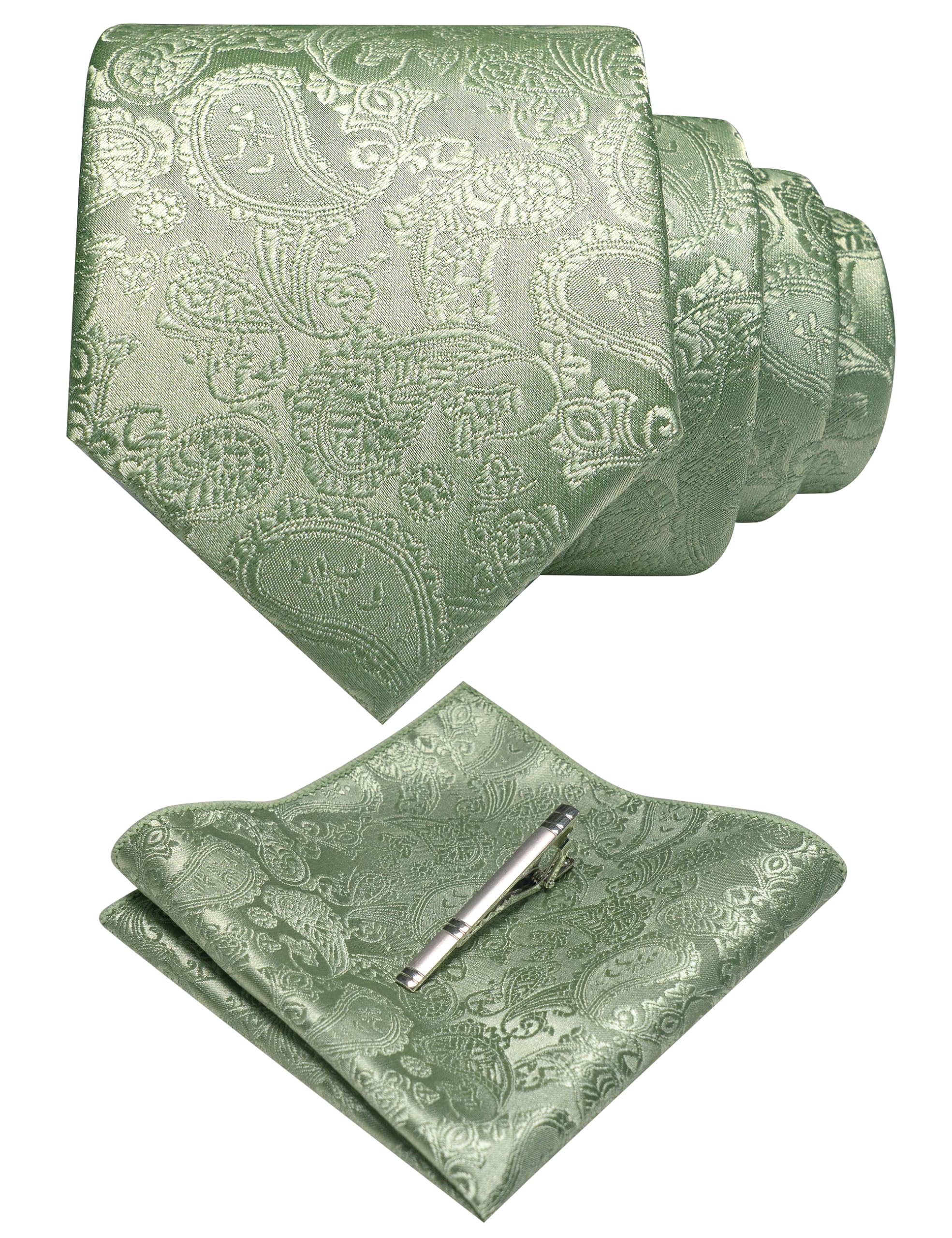 JEMYGINS Mens Sage Green Paisley Necktie and Pocket