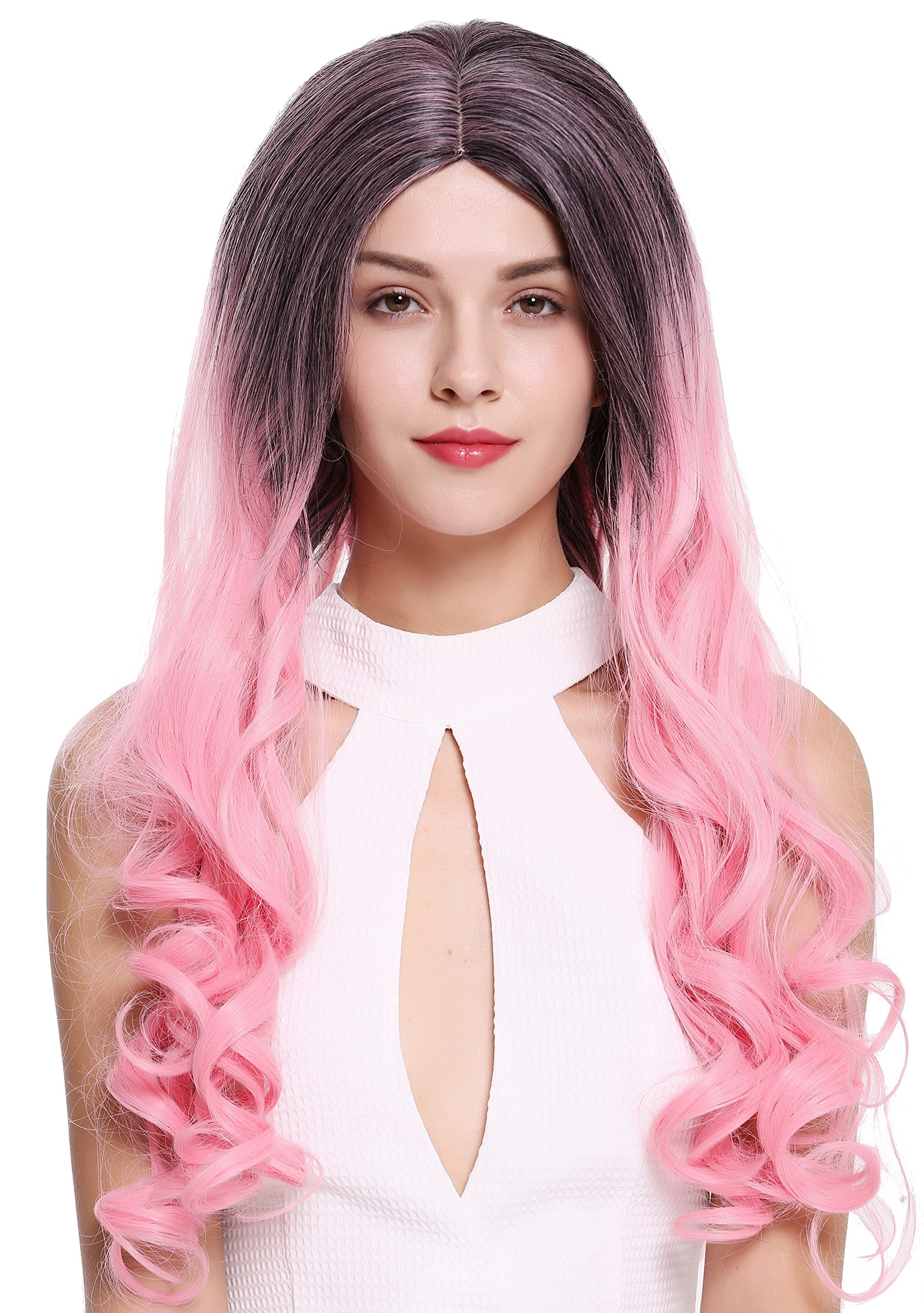 WIG ME UP - ZM-1707-1BT231 Lady Quality Wig Long Smooth Curled Tips Middle-Parting Ombre Black Pink