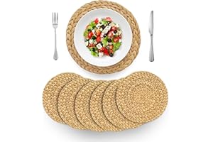 (4 Sizes: 12"-13"-14"-15") BARIEN Woven Placemats Round Natural Water Hyacinth Weave Placemat for Dining Table, Large Handmade Placemats Heat Resistant Non-Slip (12" - Set of 6)