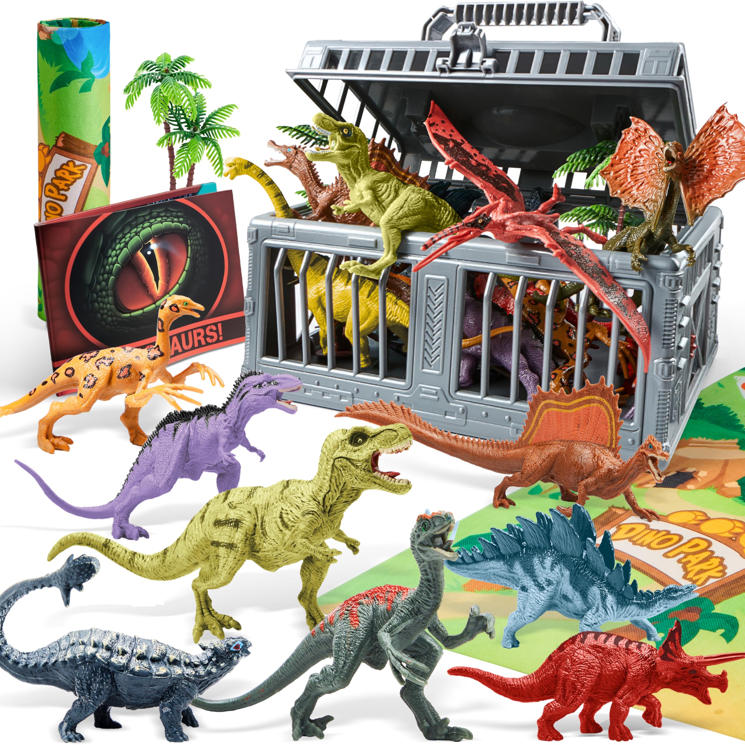 JOYIN Dinosaur Toys with Activity Play Mat & Storage Cage, 19 PCS Realistic Dinosaur Figures & Trees for Toddlers Kids Ages 3-5, Ideal for Boys and Girls Gift