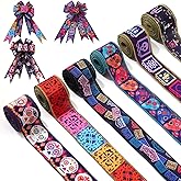 6 Rolls 30 Yards Days of The Dead Ribbons 2'' Mexican Dia De Los Meurtos Ribbon Wired Edge Sugar Skull Papel Picado Skeleton for Wreath Bows DIY Craft Gift Wrapping Halloween Mexican Party Supplies