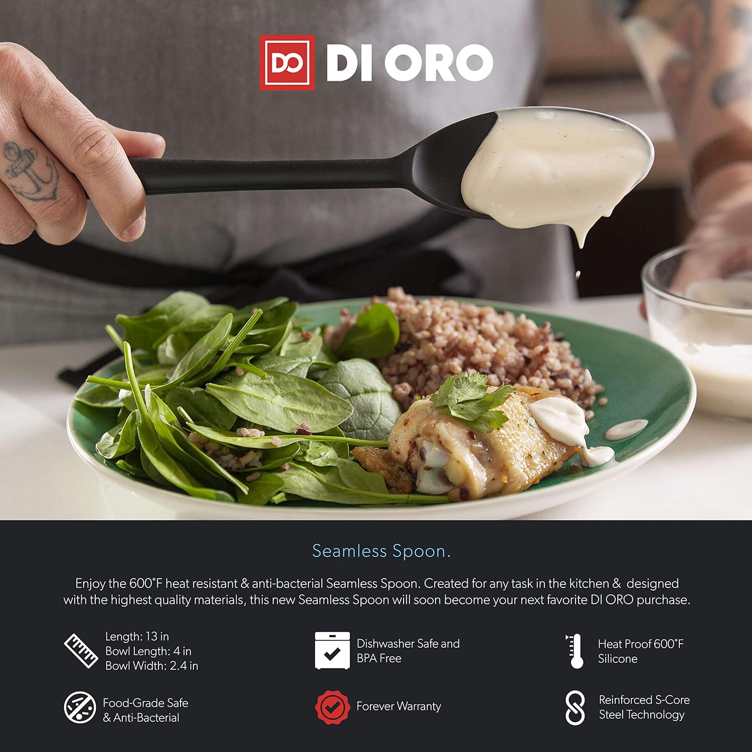 DI ORO® Seamless Series Solid Silicone Spoon, 315°C Heat-Resistant Rubber Non-Stick Kitchen Utensil for Mixing Serving - Image 4