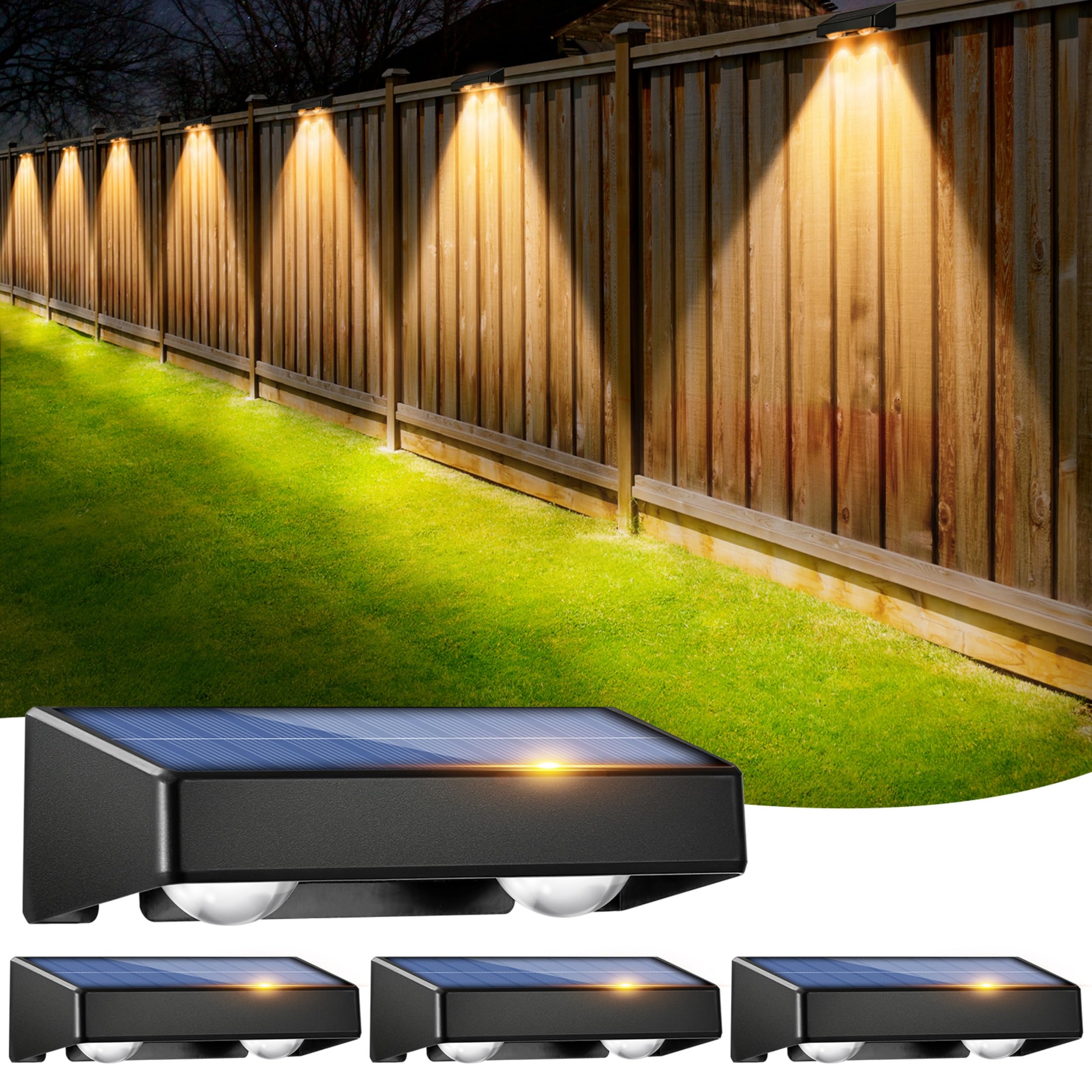 sununiny Solar Fence Lights Outdoor,4 Pack Wall Solar Lights IP65 Waterproof,9 Colors 11 Modes RGB Garden Fence Lights Solar Powered for Patio/Backyard/Porch/Pool Decorations