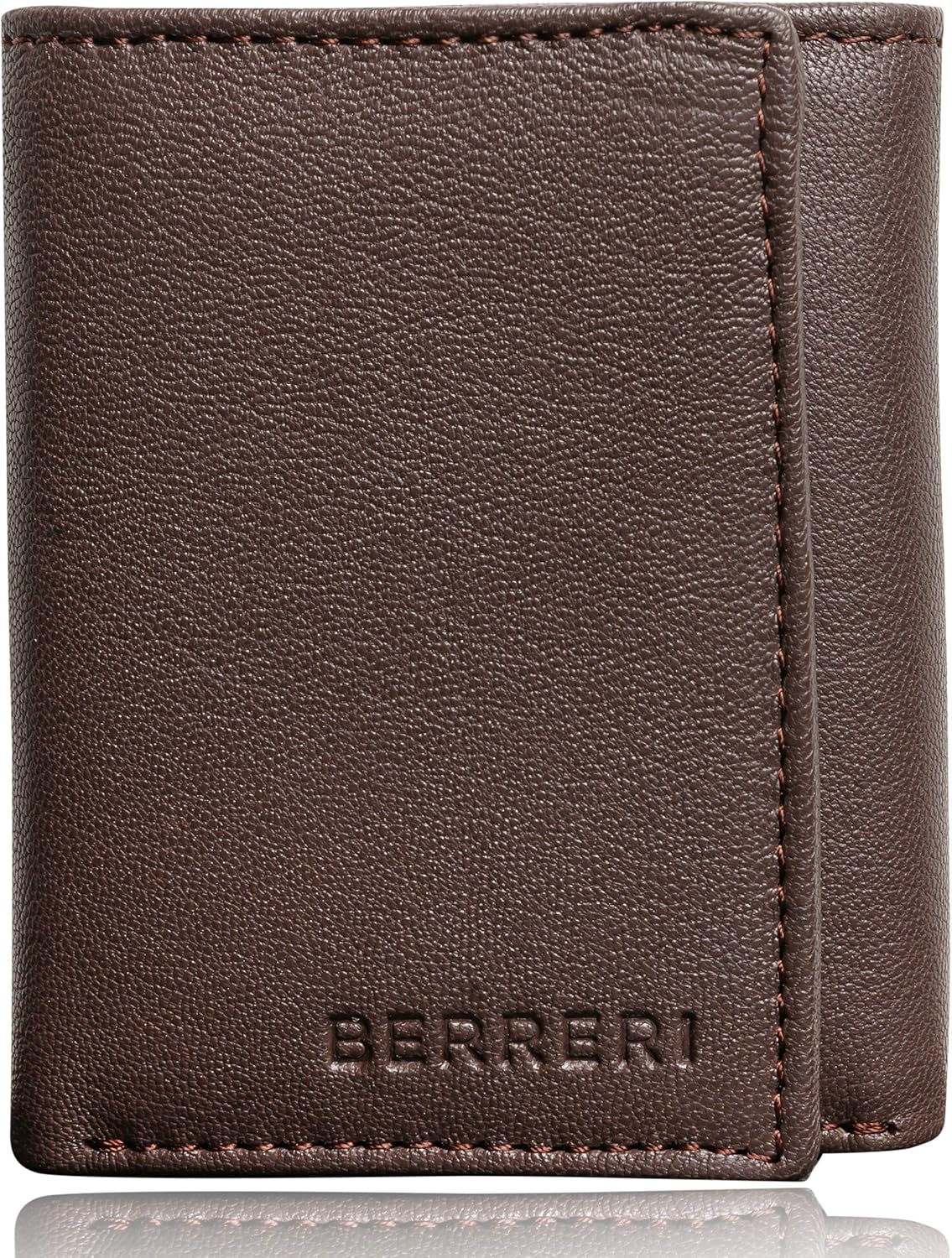 Berreri Mens Trifold Genuine Leather Wallet RFID Safe Credit Card Holder Purse Brown (Enclosed in Gift Box)