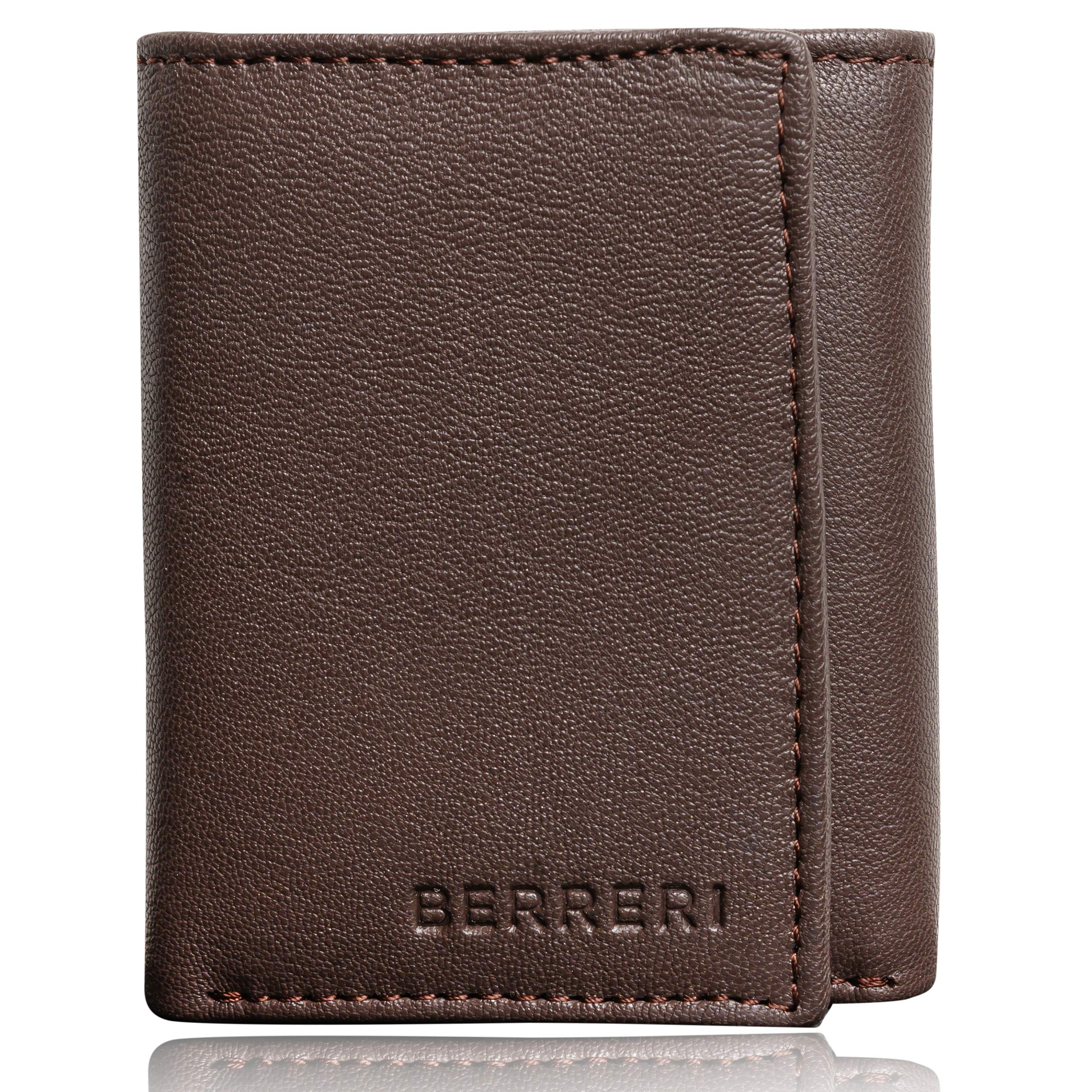 Berreri Mens Trifold Genuine Leather Wallet RFID Safe Credit Card Holder Purse Brown (Enclosed in Gift Box)