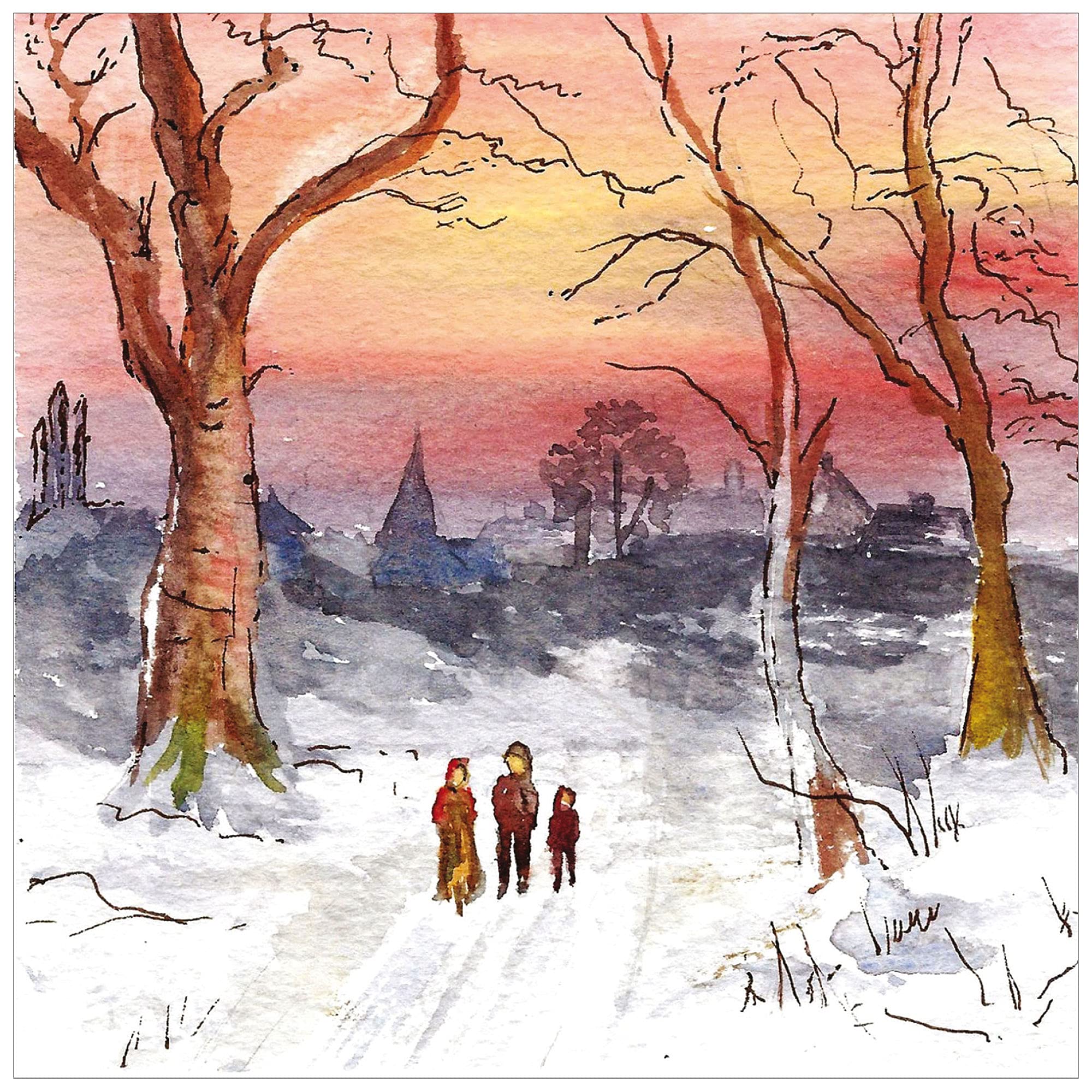 Christmas cards pack - Sunset snow scene, 10 Christmas cards 2025 with 10 white envelopes - Designed, printed and hand-packed in the UK, by Just Cards Direct