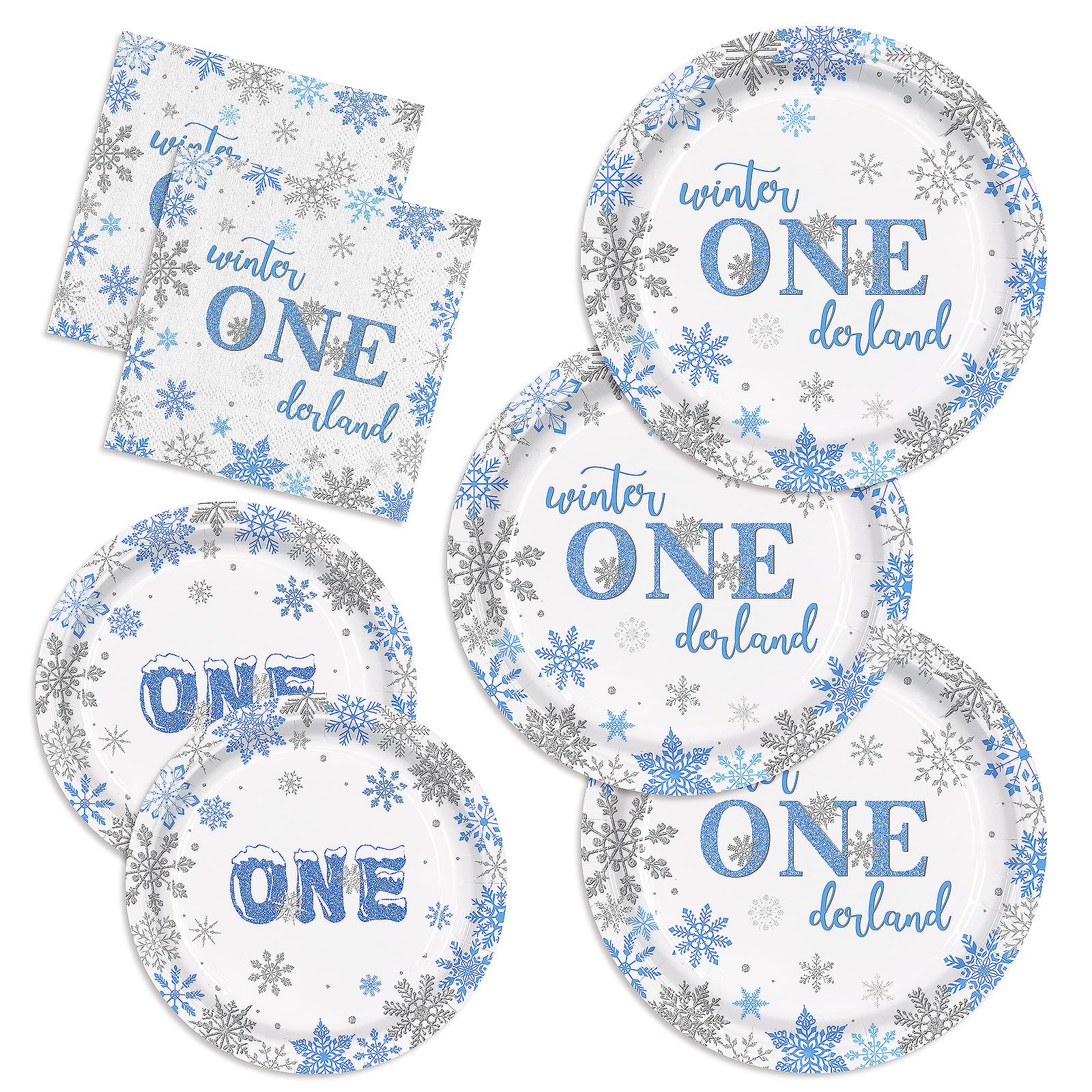 Photo 1 of 150pcs Winter Onederland Party Supplies Blue Silver Snowflake Plates Napkins 1st Birthday Party Tableware Set for Baby Boy First Winter Onederland Birthday Party Decorations Serve 50 Guests
