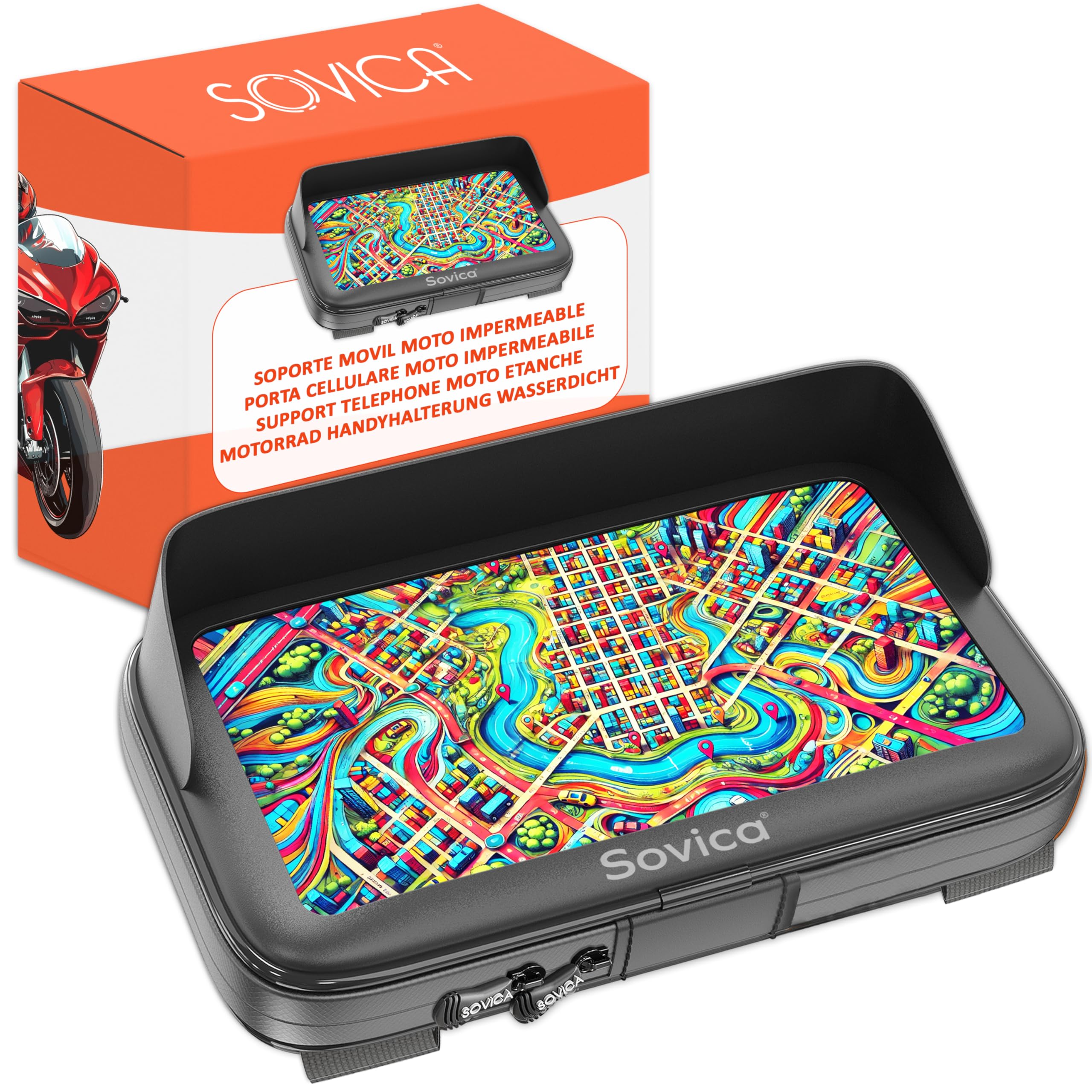 Mobile Phone Holder for Motorcycle, Bike, Waterproof, Reinforced Fasteners and Zipper, Case with Visor, Suitable for Smartphones up to 7.6 Inches, Compatible with All Types of Handlebars Black