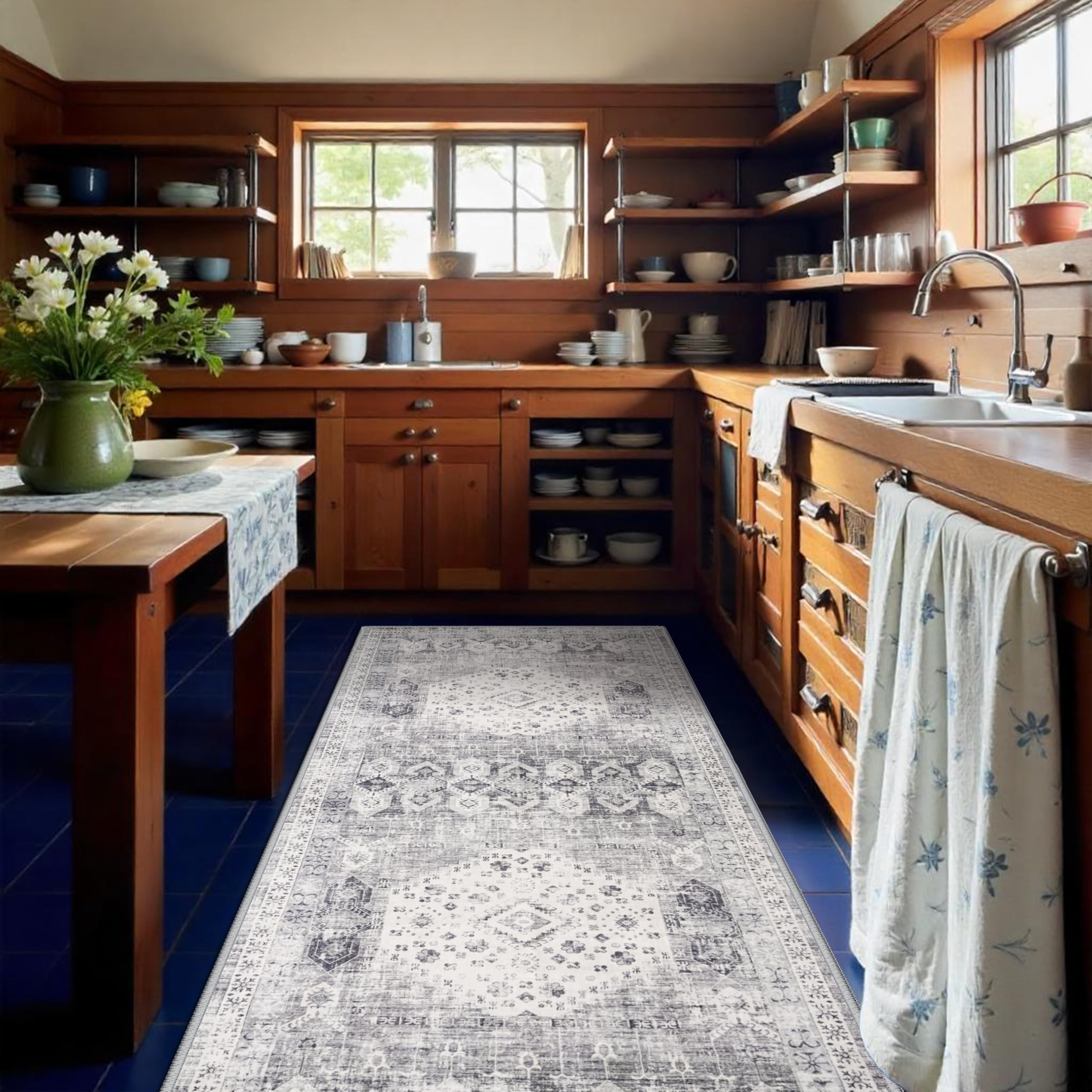 RUUGME 4x10 Washable Runner Rug - Wide Hallway Rugs with Non Slip Backing Low Pile Stain Resistant Carpet for Bedroom Home Office Vintage Ultra Soft Floor Decor Mat for Bathroom Laundry 4'x10' Grey Image